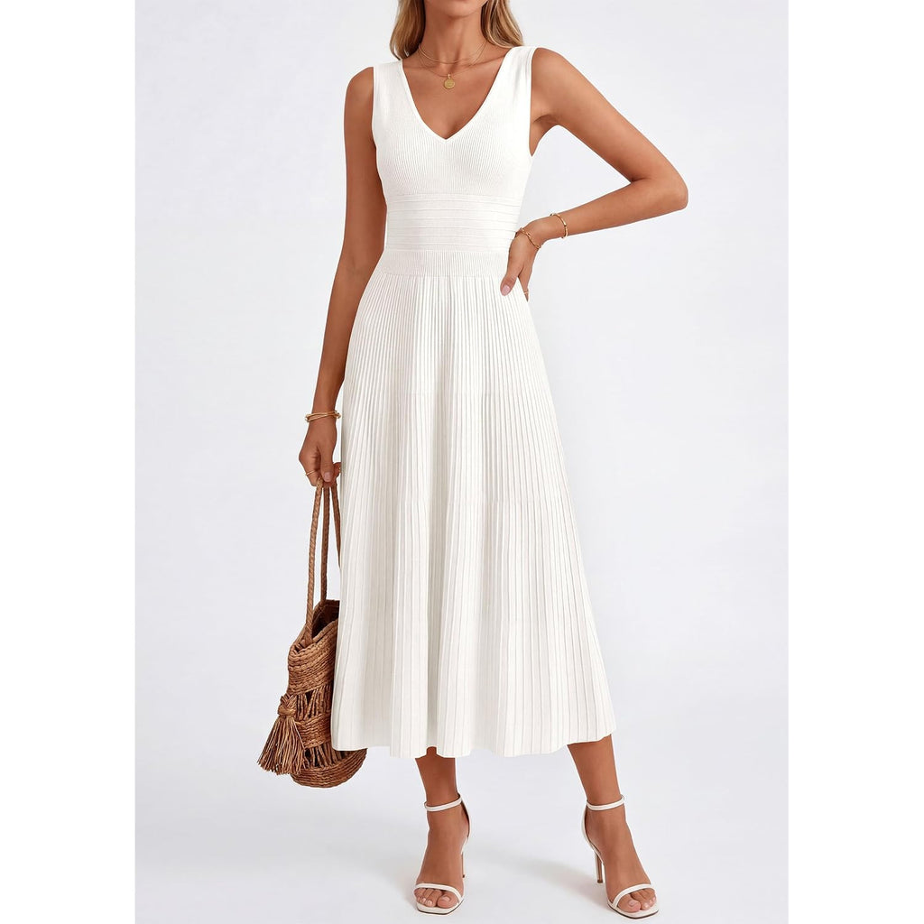 Prettygarden Summer Dresses For Women 2026 Spring Casual Sleeveless V Neck Pleated Midi Work Cocktail Wedding Guest Dress