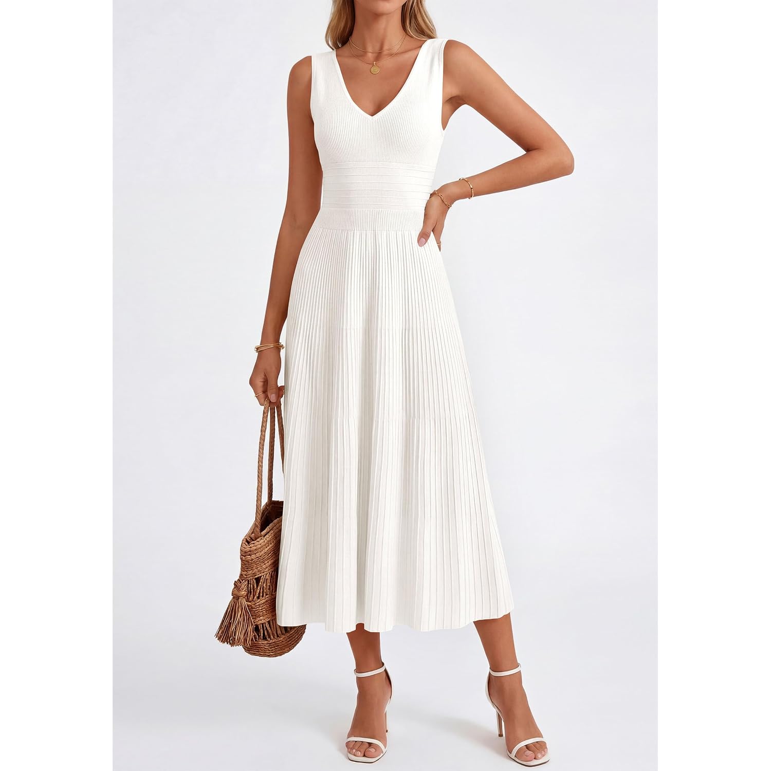 Prettygarden Summer Dresses For Women 2026 Spring Casual Sleeveless V Neck Pleated Midi Work Cocktail Wedding Guest Dress