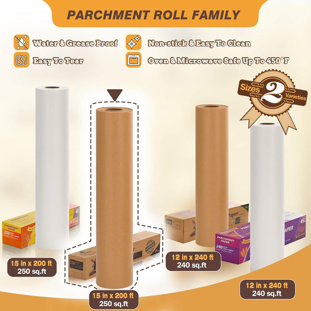 Unbleached 15 X 200 Ft Parchment Baking Paper Roll - 250 Sq.Ft For Baking, Cooking, Grilling, Air Fryer And Steaming