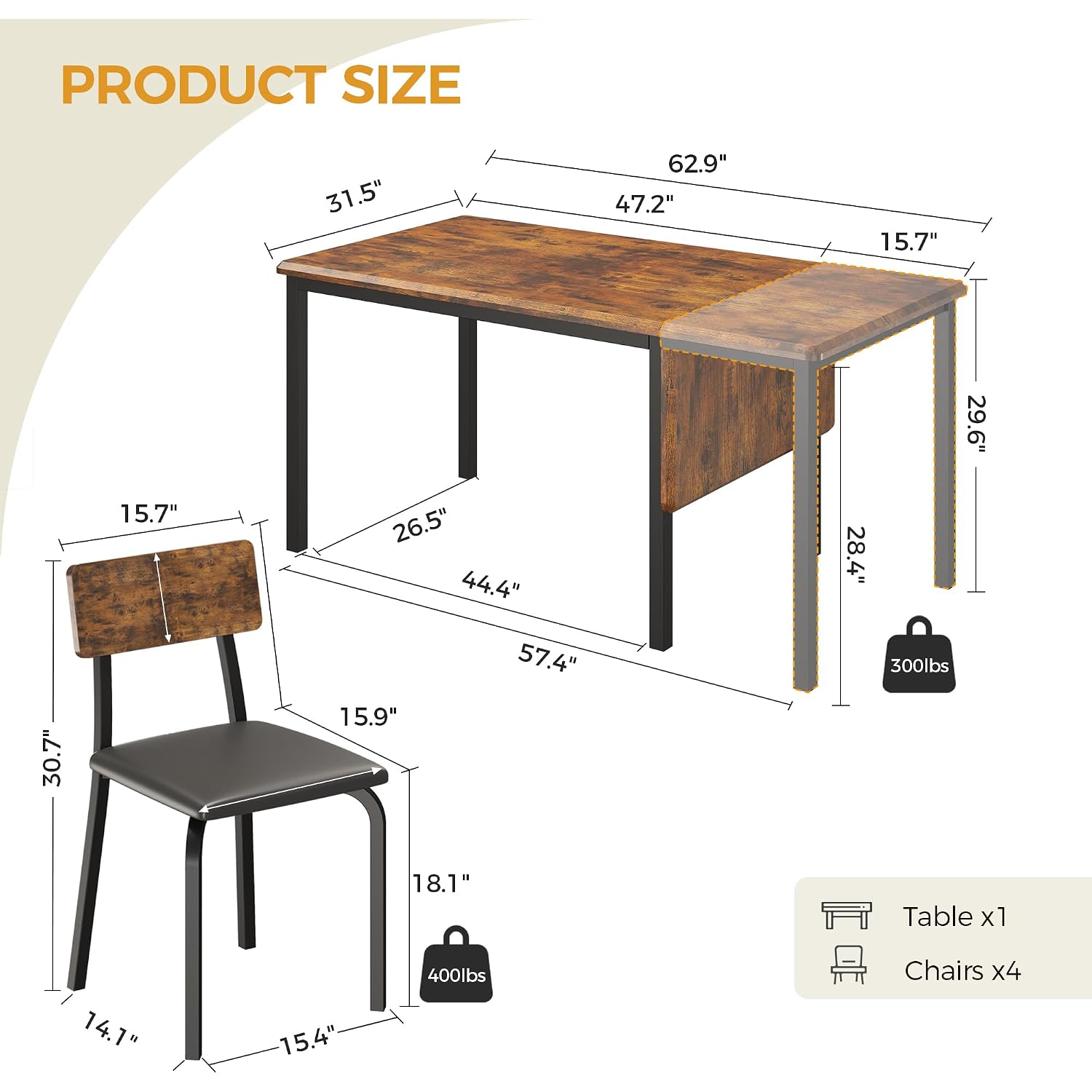 Ironck 5-Piece 63" Extendable Dining Table With 4 Upholstered Chairs, Kitchen Table Set For 4-8 People, Dining Room Sets With Mdf Wood Board, Drop Leaf Table Design For Space Saving, Rustic Brown