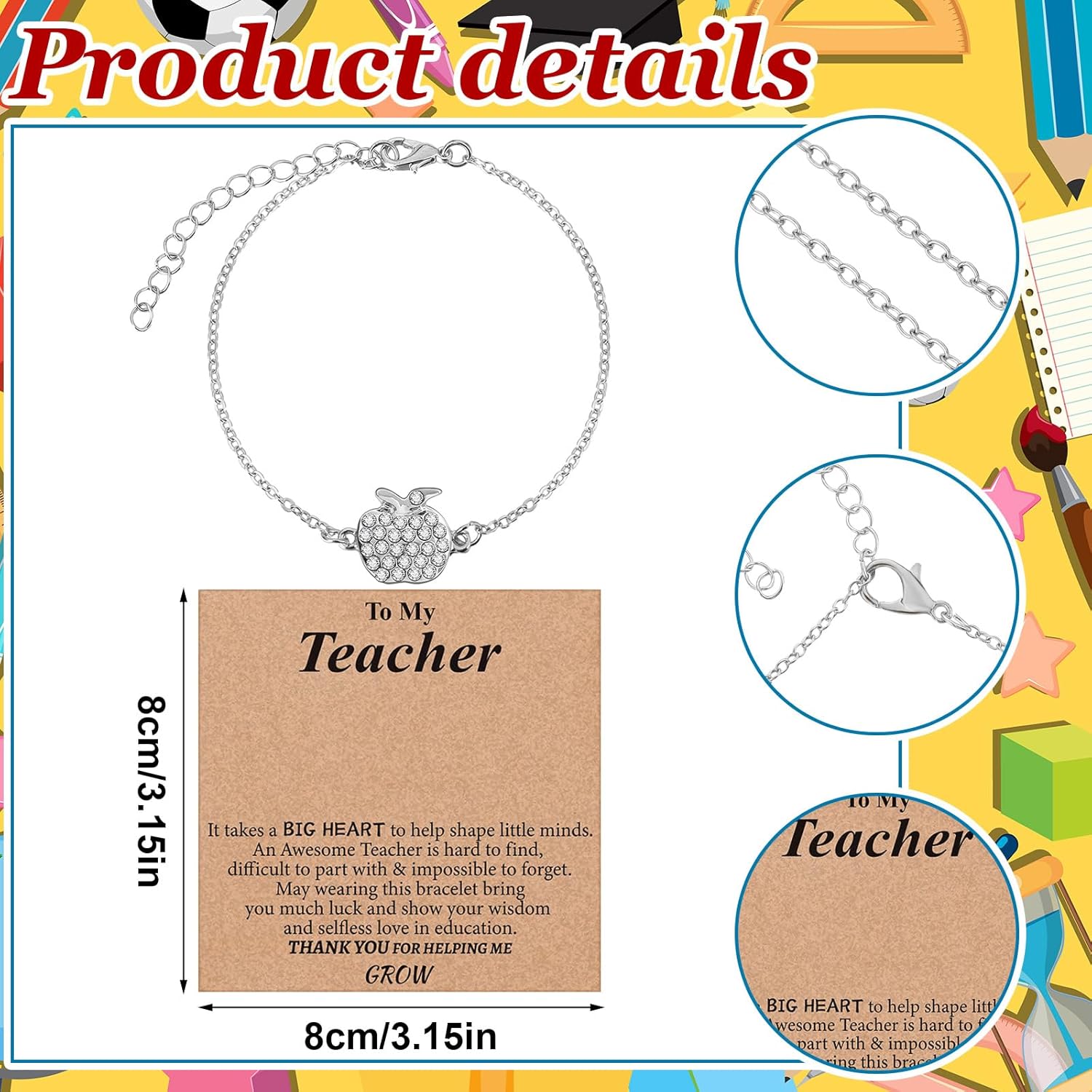 Tondiamo 12 Sets Teachers Appreciation Week Gifts Bulk Apple Bracelet for Teacher with Inspirational Cards Graduation Thank You Gifts End of The Year Party Favors