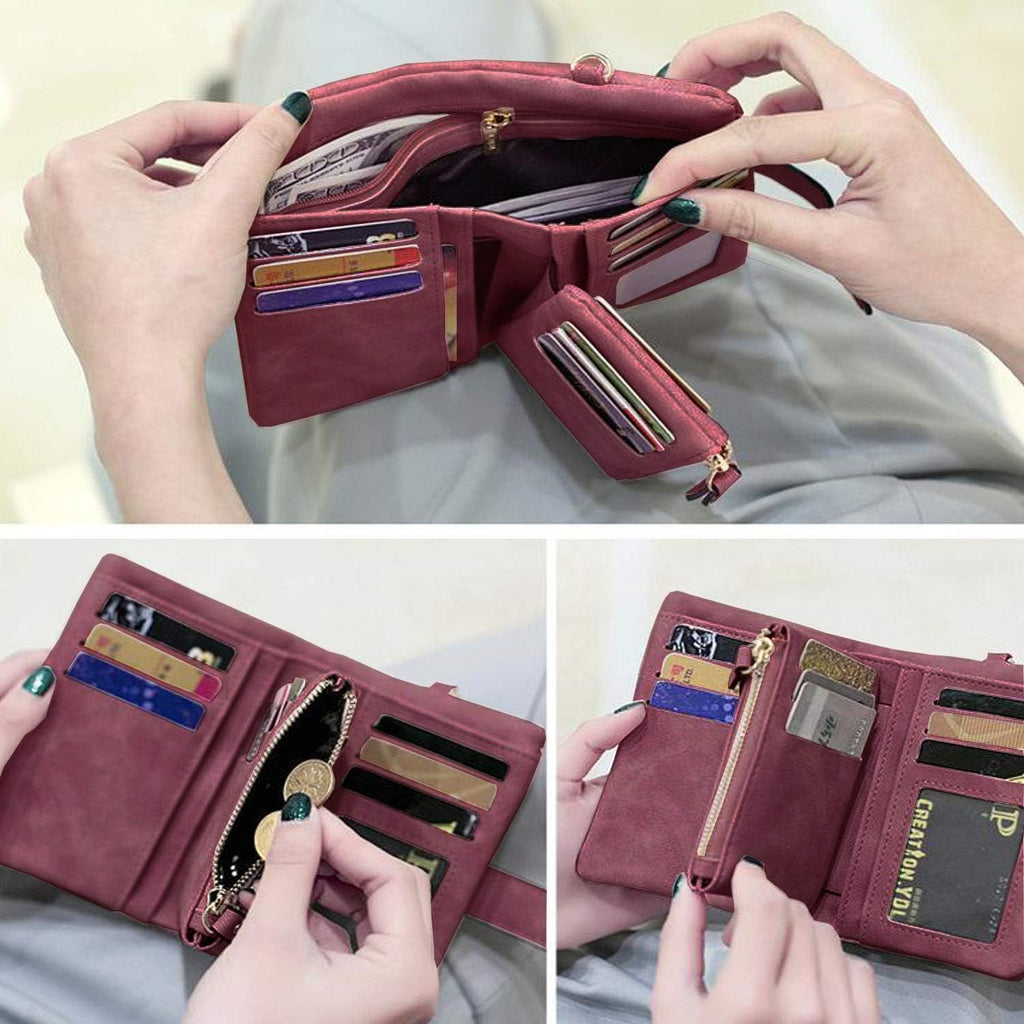Pofeexio Womens Small Bifold Leather Wallets Rfid Ladies Wristlet With Card Slots Id Window Zipper Coin Purse | Small