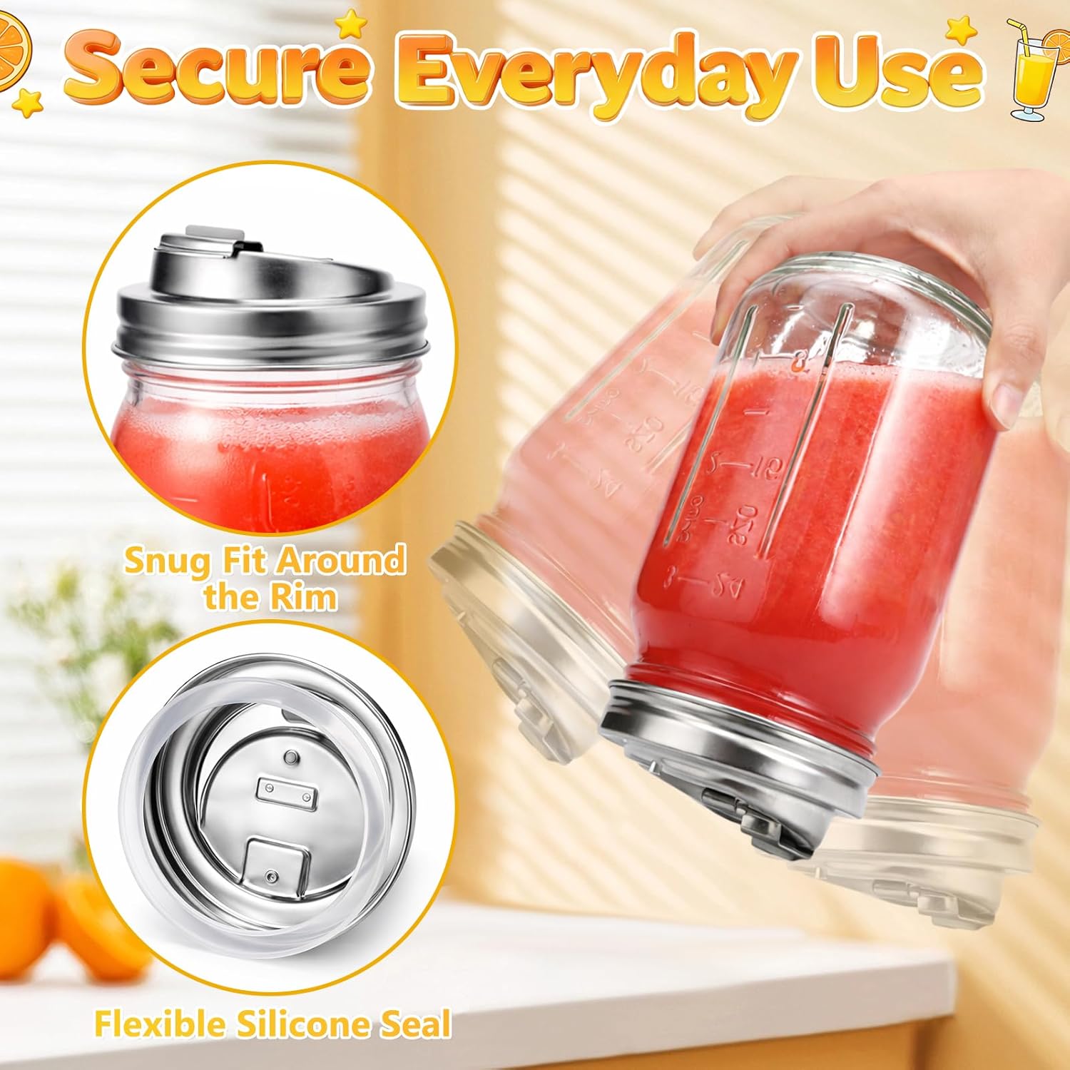 XUNWKONG Mason Jar Drinking Lids, Wide Mouth Stainless Steel Sip Lids for Iced Coffee, Smoothies & Cold Drinks, Leak Resistant Reusable Mason Jar Drink Lid, Heavy Duty Metal, 2 Packs