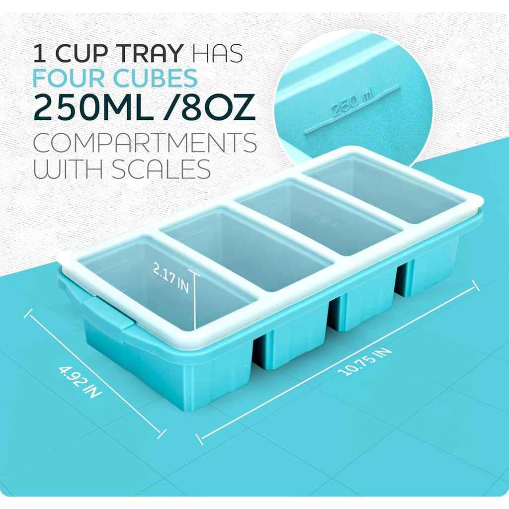Silicone Freezer Tray With Lid - Soup Freezer Container Molds - Large Ice Cube Tray- Makes 8 Perfect 1 Cup Portions Cubes, 2-Pack Freezer Storage Food Soups & Meal Prep - Oven & Dishwasher -Safe