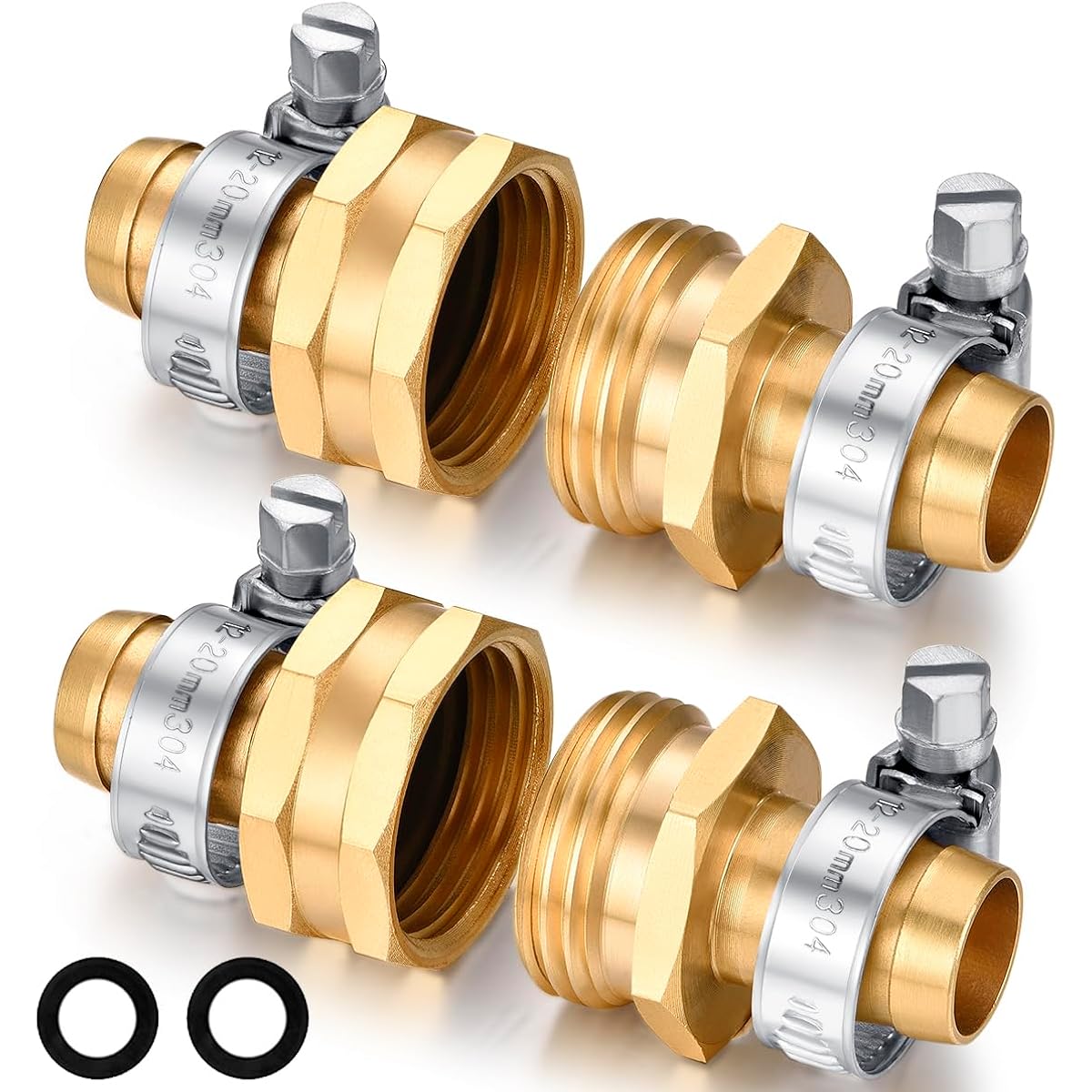 5/8" Barb Male & Female Brass Garden Hose Repair Kit, 2 Set | With Clamps Hose End Repair Connector, Durable Brass Fittings For 5/8" Hose, Garden Watering & Car Washing Repair