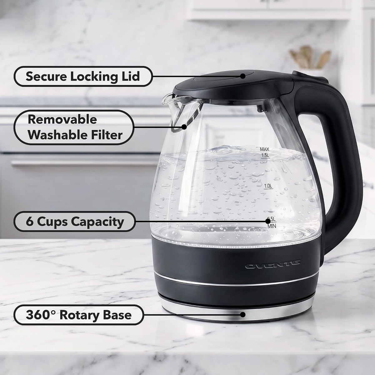 Ovente Electric Kettle, 1.5L Borosilicate Glass Countertop Water Heater And Boiler For Coffee Or Tea, Bpa-Free, Auto Shut-Off, Boil-Dry Protection, Removable And Washable Spout Filter, Black Kg83B