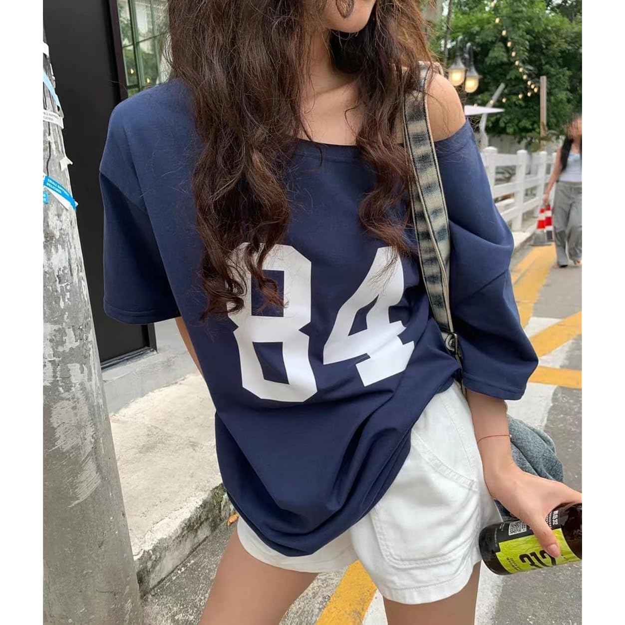 Pinclodly Off The Shoulder Tops for Women Short Sleeve Y2K Jersey Number Graphic Oversized Tshirts E-Girl Tees Blue 01 Oversized Tshirts