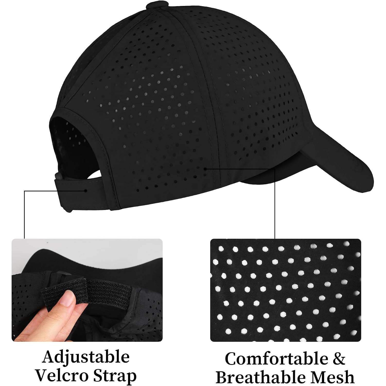 Womens UPF 50+ Baseball Cap Waterproof Quick Dry Adjustable Ponytail Hat for Running Hiking Golf Black