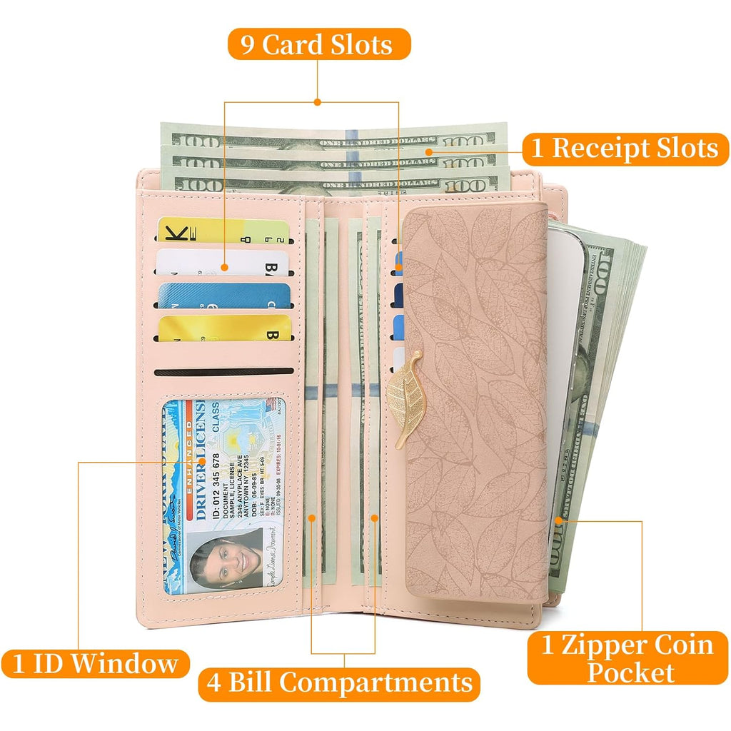 Women's Wallet Leather RFID Blocking Bifold Clutch Large Capacity Credit Card Holder with Coin Zipper Purse