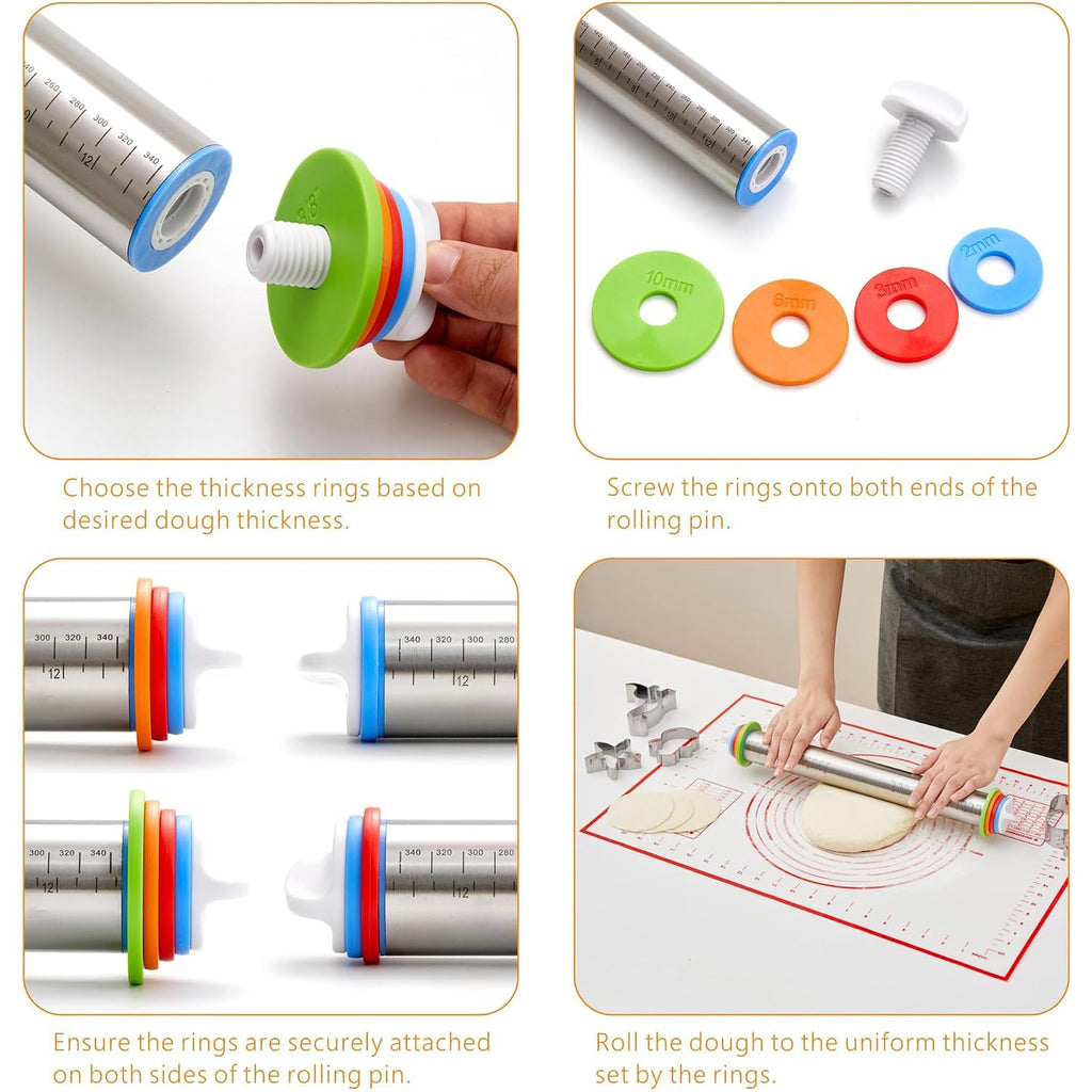 Rolling Pin With Thickness Rings, Fulimax 17" Adjustable Stainless Steel Rolling Pins For Baking, Dough Roller For Fondant Pizza, Pie, Pasta, Cookies, Cakes, Kitchen Baking Supplies