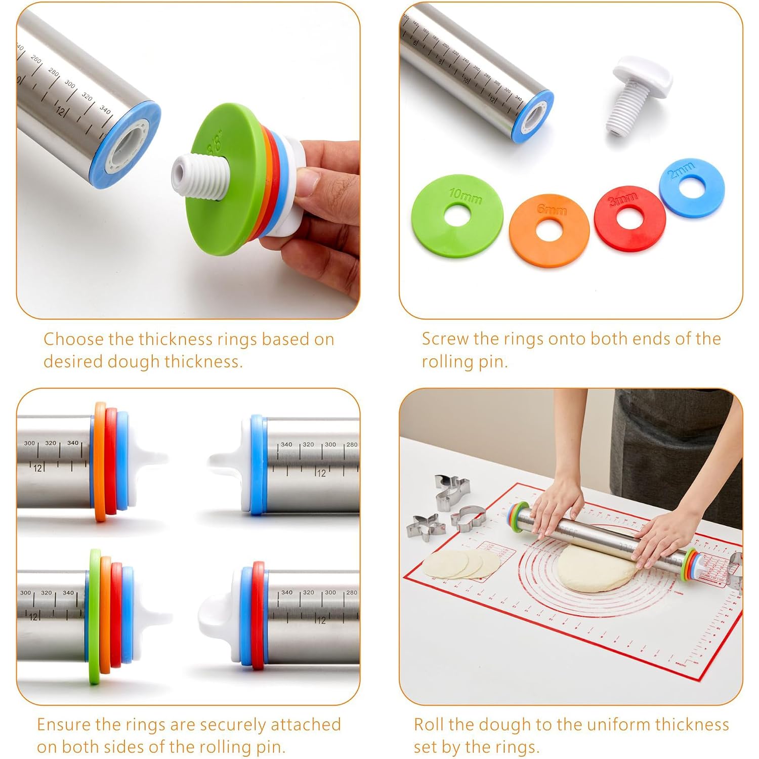 Rolling Pin With Thickness Rings, Fulimax 17" Adjustable Stainless Steel Rolling Pins For Baking, Dough Roller For Fondant Pizza, Pie, Pasta, Cookies, Cakes, Kitchen Baking Supplies
