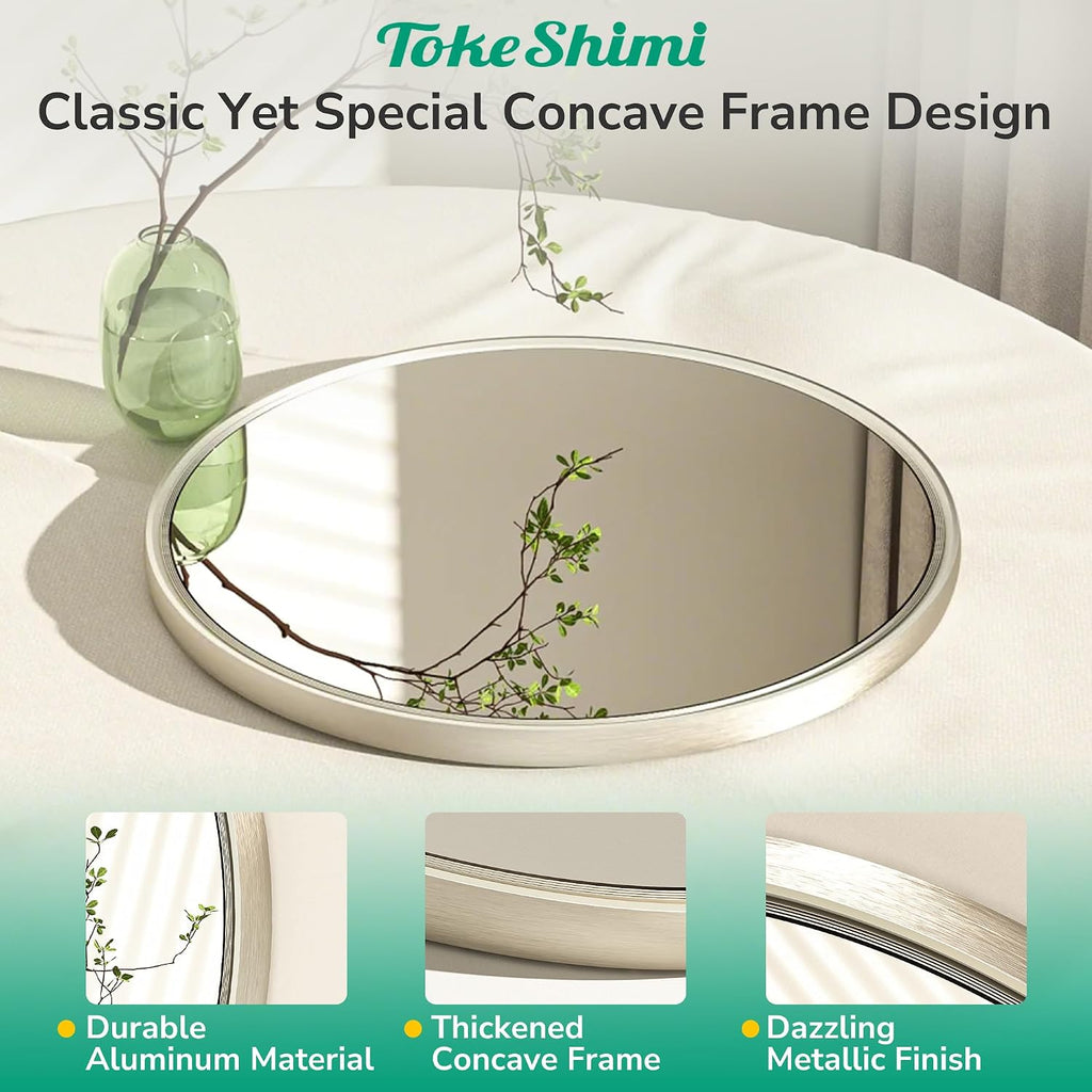 30 Inch Brushed Nickel Mirror Round Tempered, Shatterproof Bathroom Vanity Mirror Circle, Metal Farmhouse Wall Mounted Mirror For Vanity, Entryway, Bedroom, Restroom, Living Room