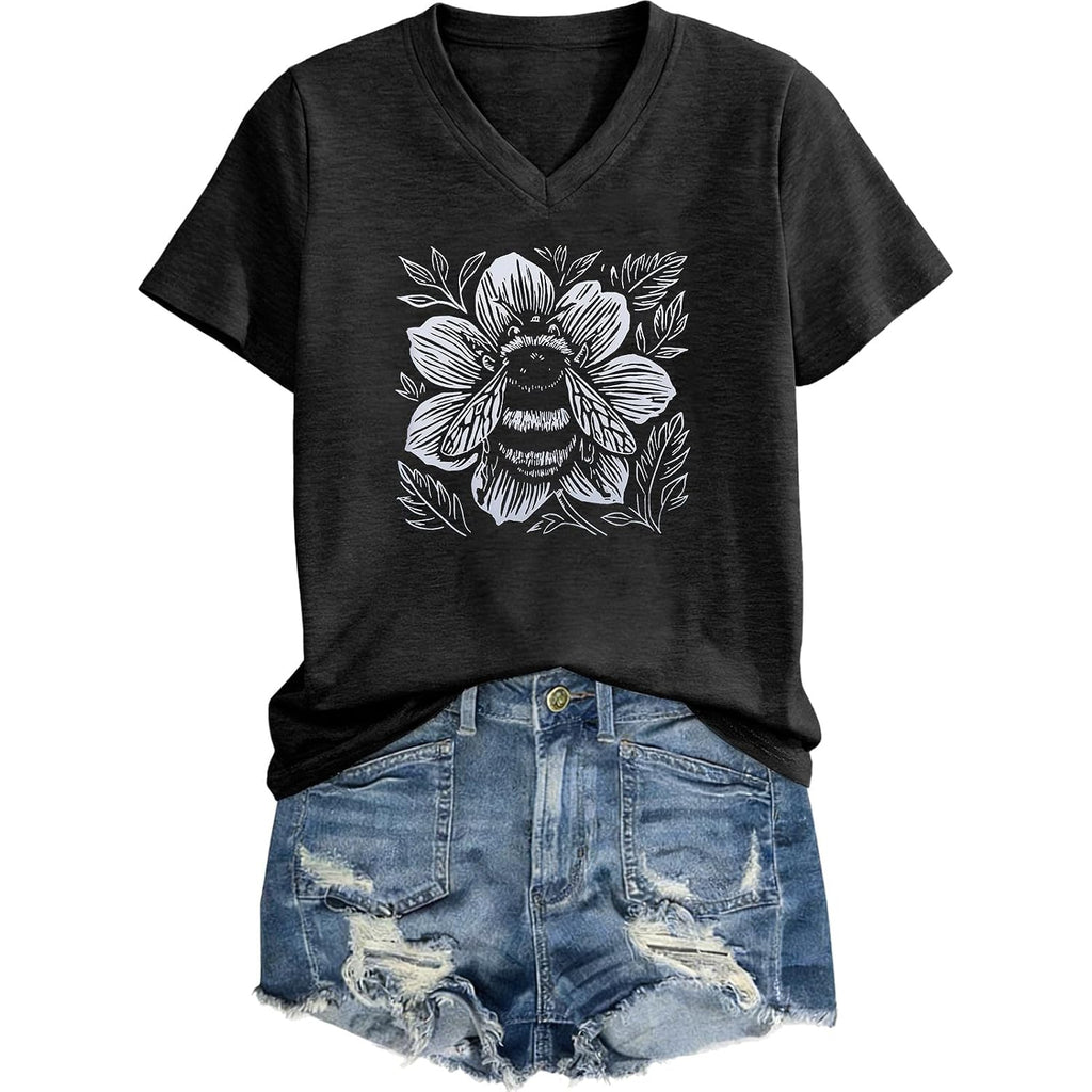 Women's T-Shirts V-Neck Dragonfly Tee Vintage Floral Shirt Boho Wildflowers Graphic Shirts Short Sleeve Tops Black