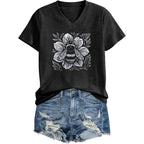 Women's T-Shirts V-Neck Dragonfly Tee Vintage Floral Shirt Boho Wildflowers Graphic Shirts Short Sleeve Tops Black