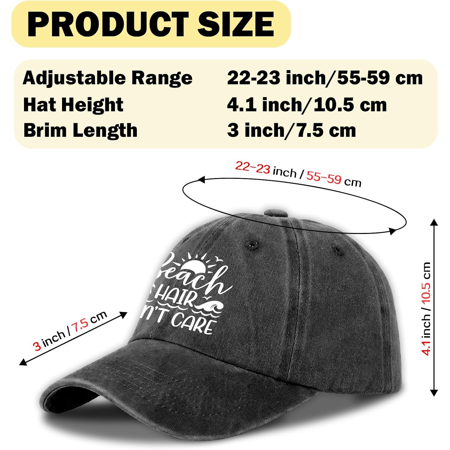 Funny Beach Printed Hat for Women - Beach Hair Don't Care - Adjustable Washed Cotton Sun Baseball Cap - Summer Gifts for Beaches Lovers - Birthday Gifts for Mom Wife Bestie White