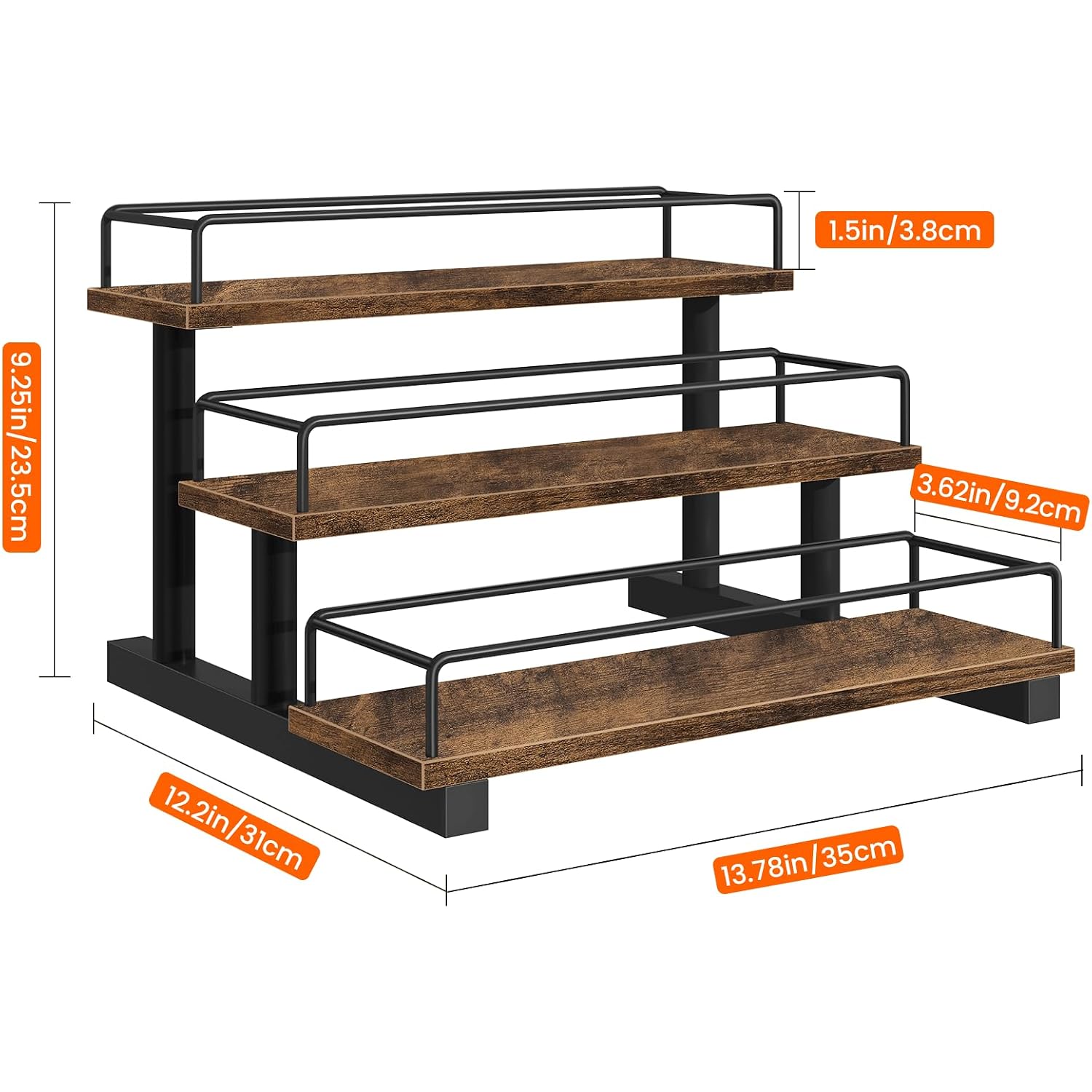 Liquor Bottle Display Shelf, Coffee Syrup Rack Organizer, 3 Tier Wine Rack Countertop, Home Retro Bar Shelf Stand Holder For Liquor Whiskey Spirits, Mini Bar, Liquor Cabinet, Rustic Brown