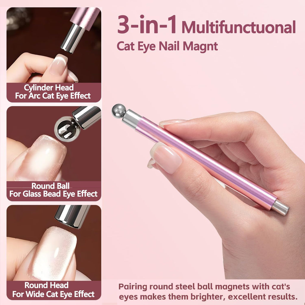 Cat Eye Magnet Nail Art Tool, Cat Eye Magnet Set for Nails, 3-in-1 Round Cat Eye Magnet with Ball Magnets, Magnetic Nail Art Pen, Perfect for Home DIY, Nail Art Design (Magnet Only, No Gel Included)