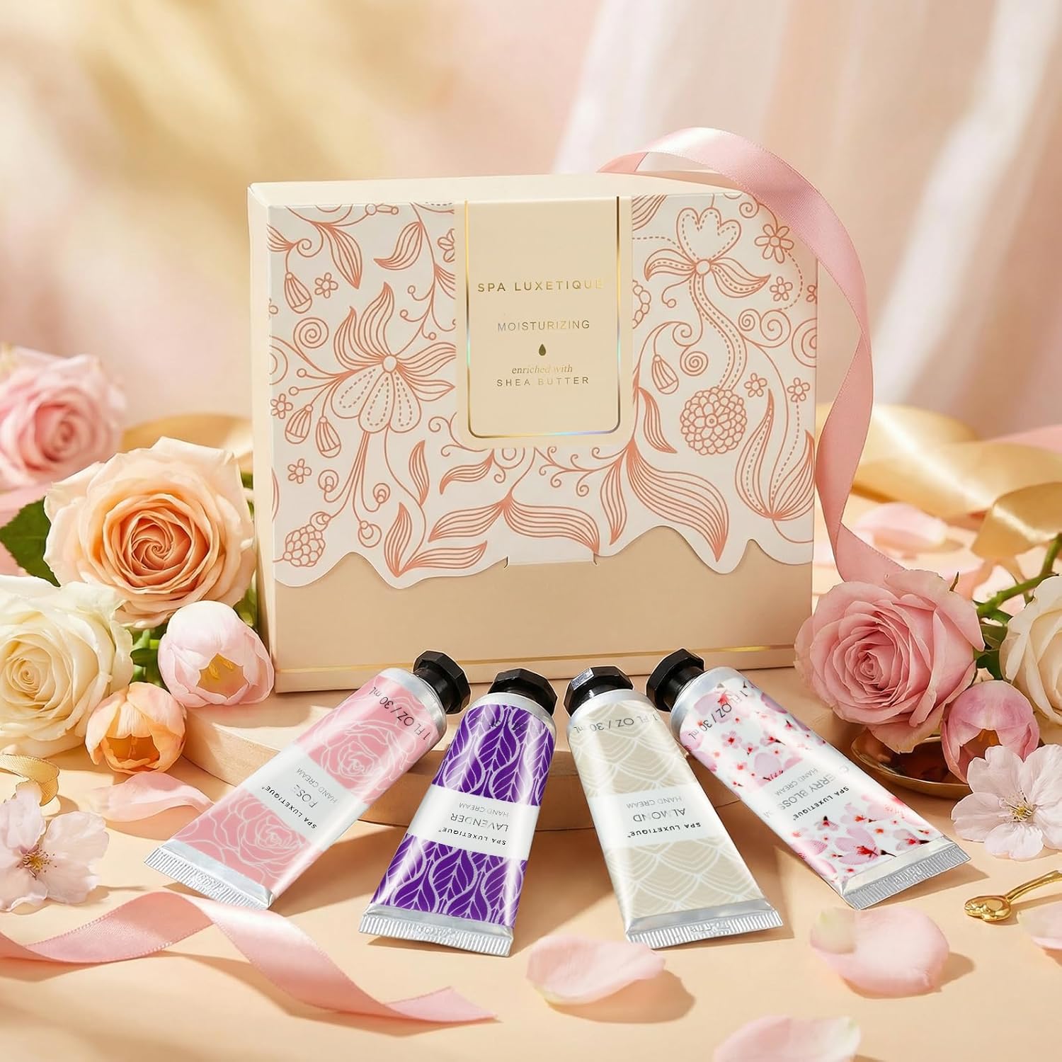 spa luxetique Hand Cream Gift Set,Mothers Day Gifts for Mom,4 Pack Shea Butter Hand Lotion Set for Dry Hands,Travel Size Hand Cream for Women,Birthday Gifts for Women,Teacher Appreciation Gift Nurse