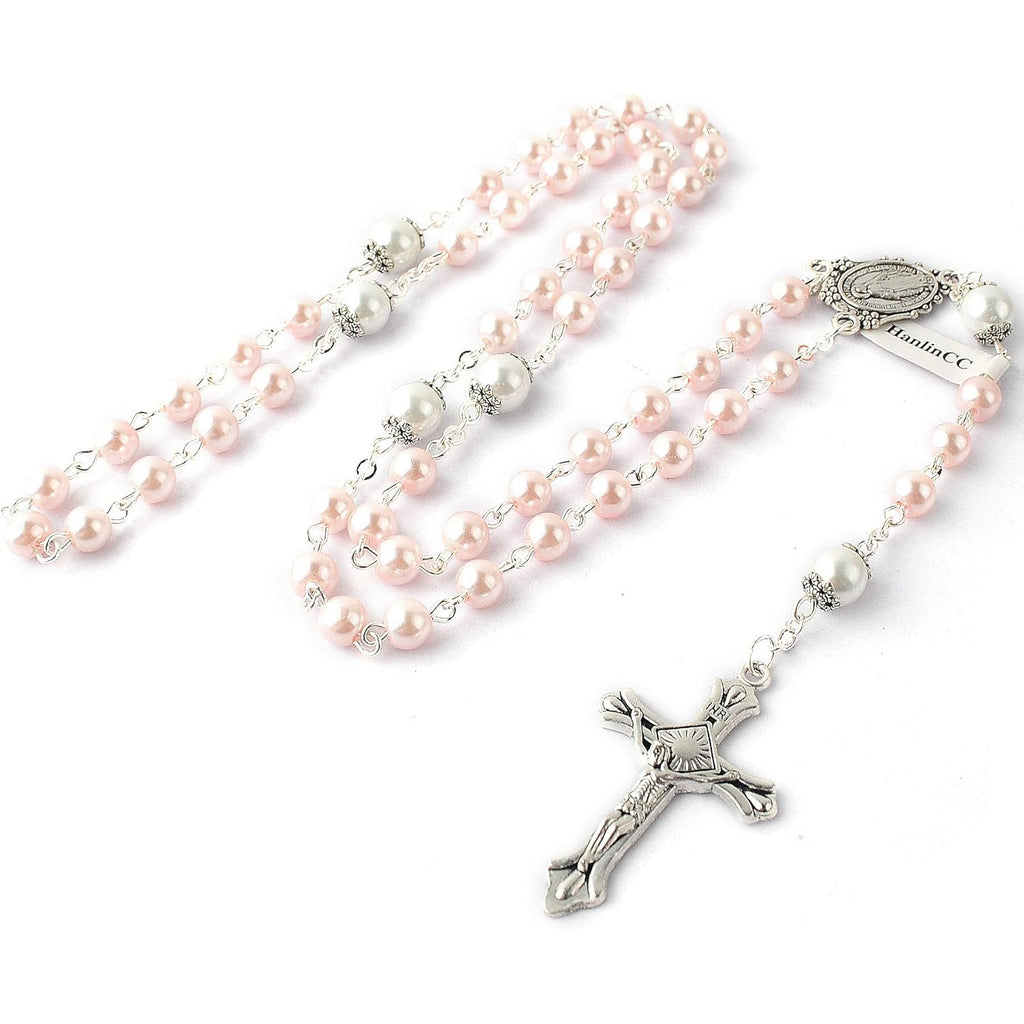 HanlinCC 6mm Glass Pearl Beads with 8mm Our Father Beads with Caps Rosary Pack in Miraculous Metal Gift Box
