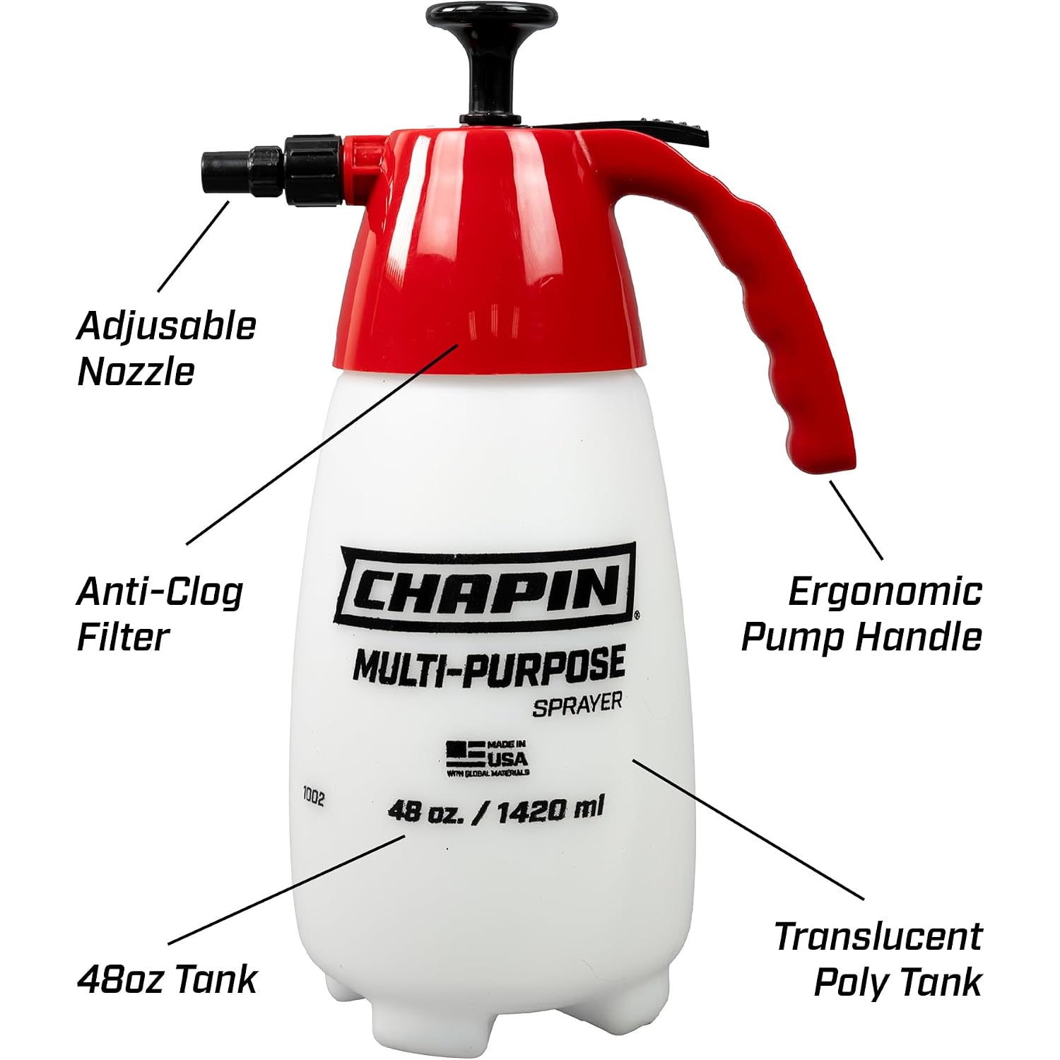 Chapin 48Oz Handheld Sprayer, Anti-Clog For Continuous Spray | Wide-Mouth Translucent Tank; Ideal For Weeds, Plant Feeding, Bee Hives And Cleaning With Adjustable Spray Control