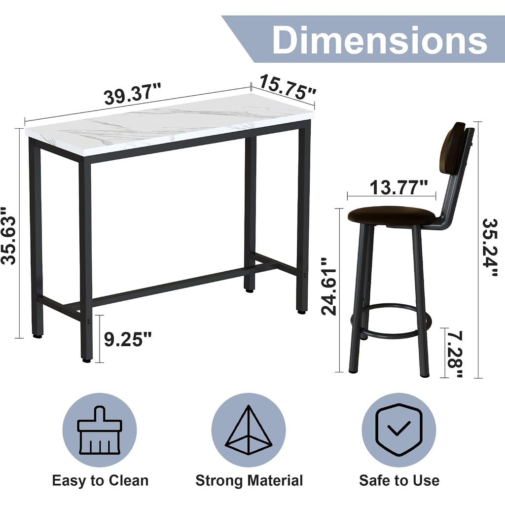 Awqm 3 Piece Bar Table Set Of 2,39.3" Pub Bar Table And Chairs Set,Faux Marble Bar Height Table With 2 Backrest Stools,Small Dining Table For 2,Kitchen Table Set For Small Space,White & Brown