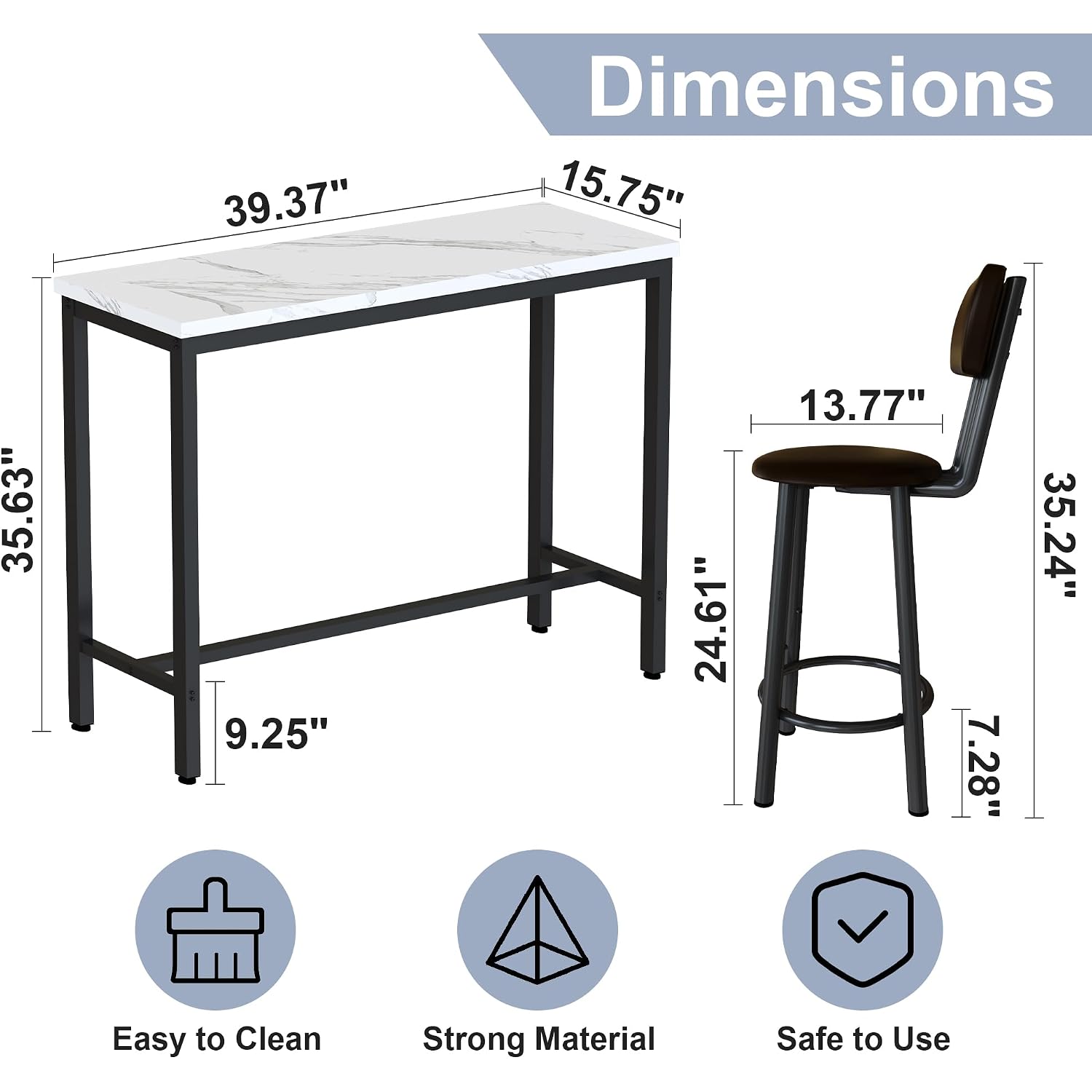 Awqm 3 Piece Bar Table Set Of 2,39.3" Pub Bar Table And Chairs Set,Faux Marble Bar Height Table With 2 Backrest Stools,Small Dining Table For 2,Kitchen Table Set For Small Space,White & Brown
