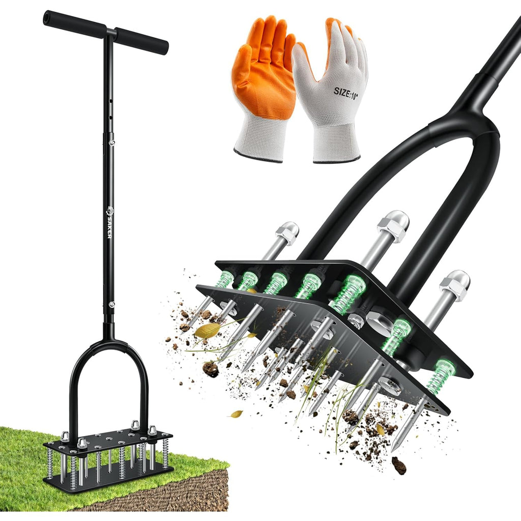 Saker Manual Lawn Aerator Tool With 15 Iron Spikes Adjustable Height, Double-Layer Spring, Heavy-Duty Iron Lawn Aerator Tool With Gloves For Loosening Soil Aerating Patio, Yard, Garden Black