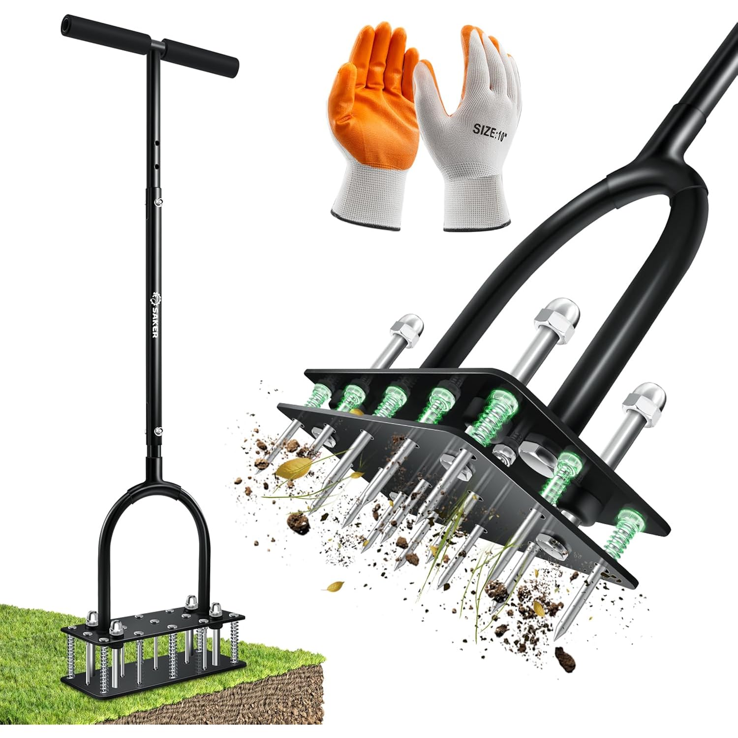 Saker Manual Lawn Aerator Tool With 15 Iron Spikes Adjustable Height, Double-Layer Spring, Heavy-Duty Iron Lawn Aerator Tool With Gloves For Loosening Soil Aerating Patio, Yard, Garden Black