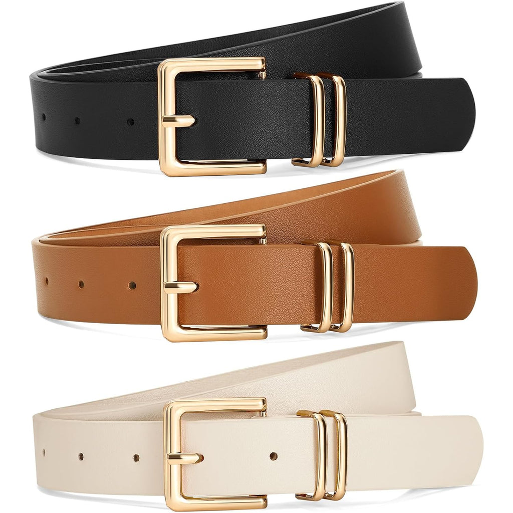 SANSTHS 3 PACK Women Leather Belts for Jeans Pants Dresses Fashion Ladies Waist Belt with Gold Square Buckle