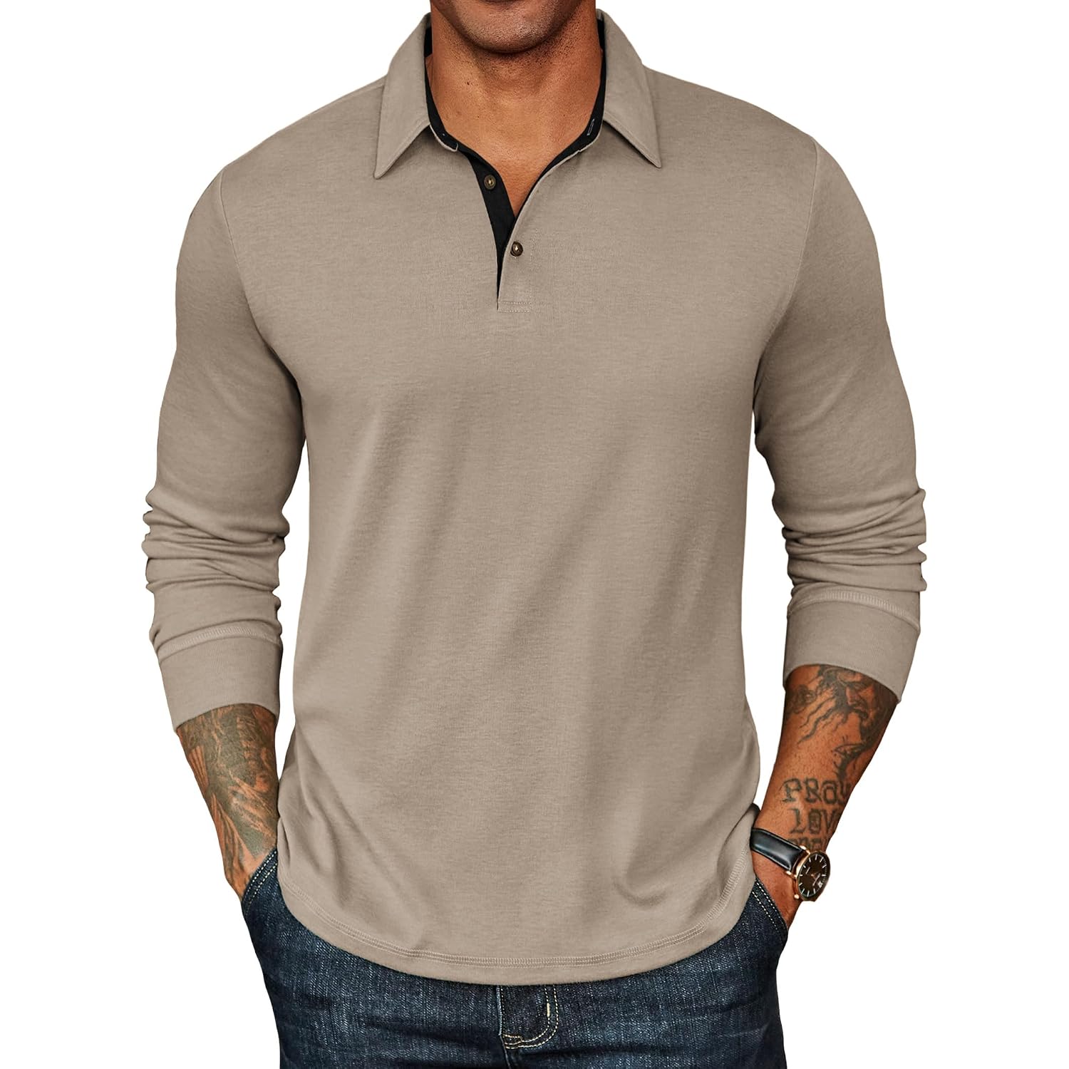 Coofandy Mens Long Sleeve Polo Shirts Classic Casual Button Polo Tee Lightweight Collared Golf Shirt