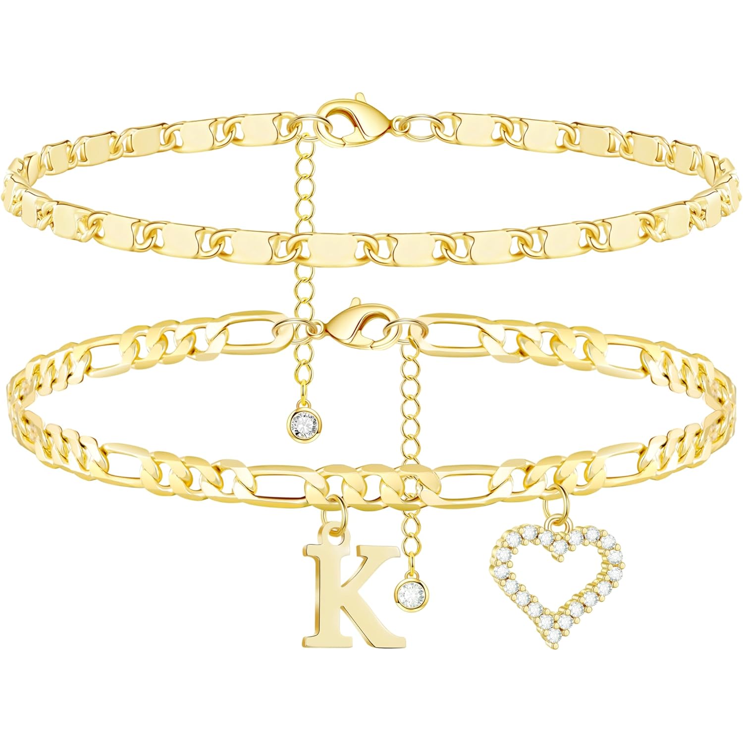 Initial Ankle Bracelets for Women Waterproof 14K Gold Plated Dainty Layered Figaro Chain Letter Initial CZ Heart Ankle Bracelets Set Summer Beach Jewelry for Women