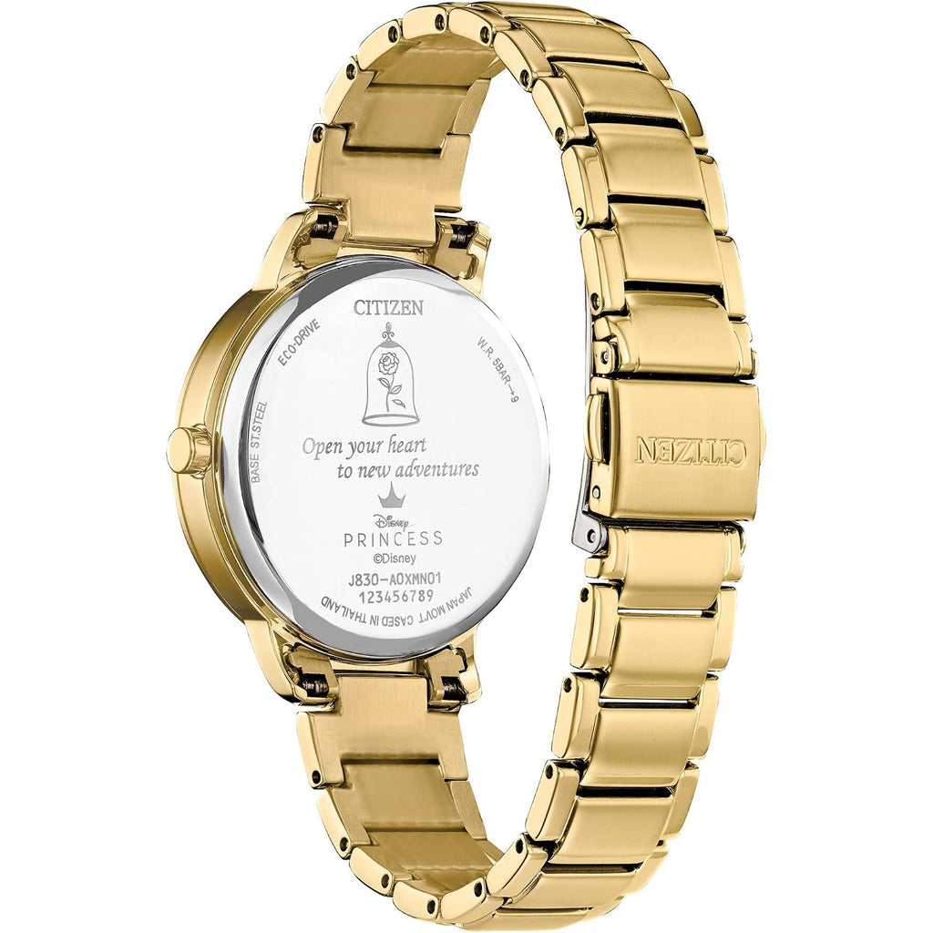 Citizen Women'S Eco-Drive Disney Princess Belle Crystal Watch And Pin Gift Set In Gold Tone Stainless Steel, Beauty And The Beast Mother Of Pearl Dial (Model: Fe7048-51D)