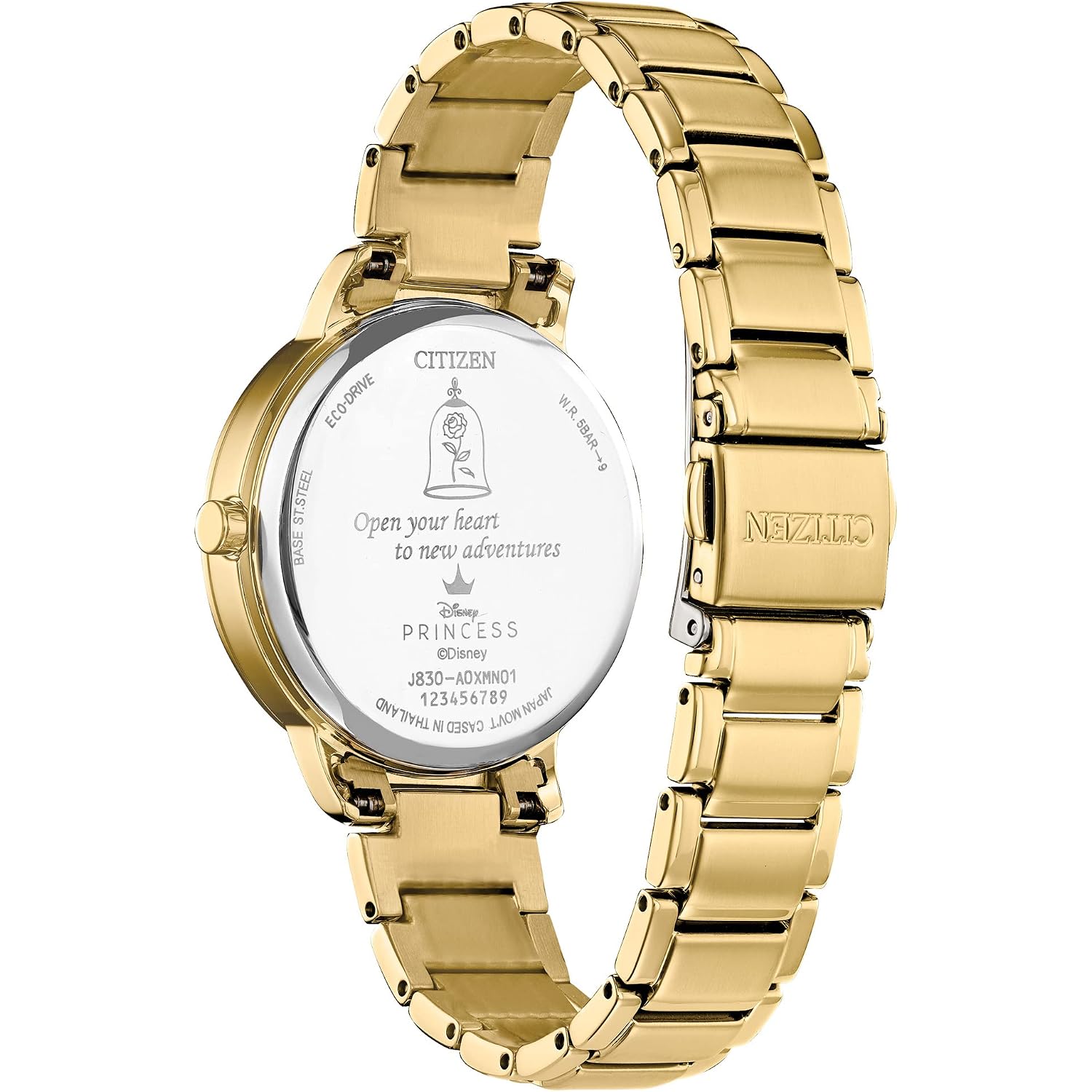 Citizen Women'S Eco-Drive Disney Princess Belle Crystal Watch And Pin Gift Set In Gold Tone Stainless Steel, Beauty And The Beast Mother Of Pearl Dial (Model: Fe7048-51D)