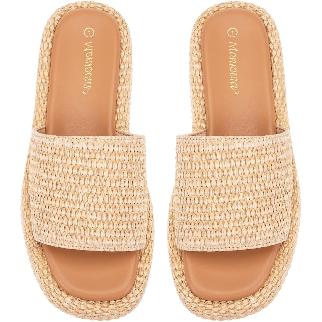Monrovia Platform Sandals Women Raffia Espadrille Slides, Woven Straw Flatform Beach Sandals Women, Slip On Summer Vacation Shoes, Comfortable Casual Daily Wear