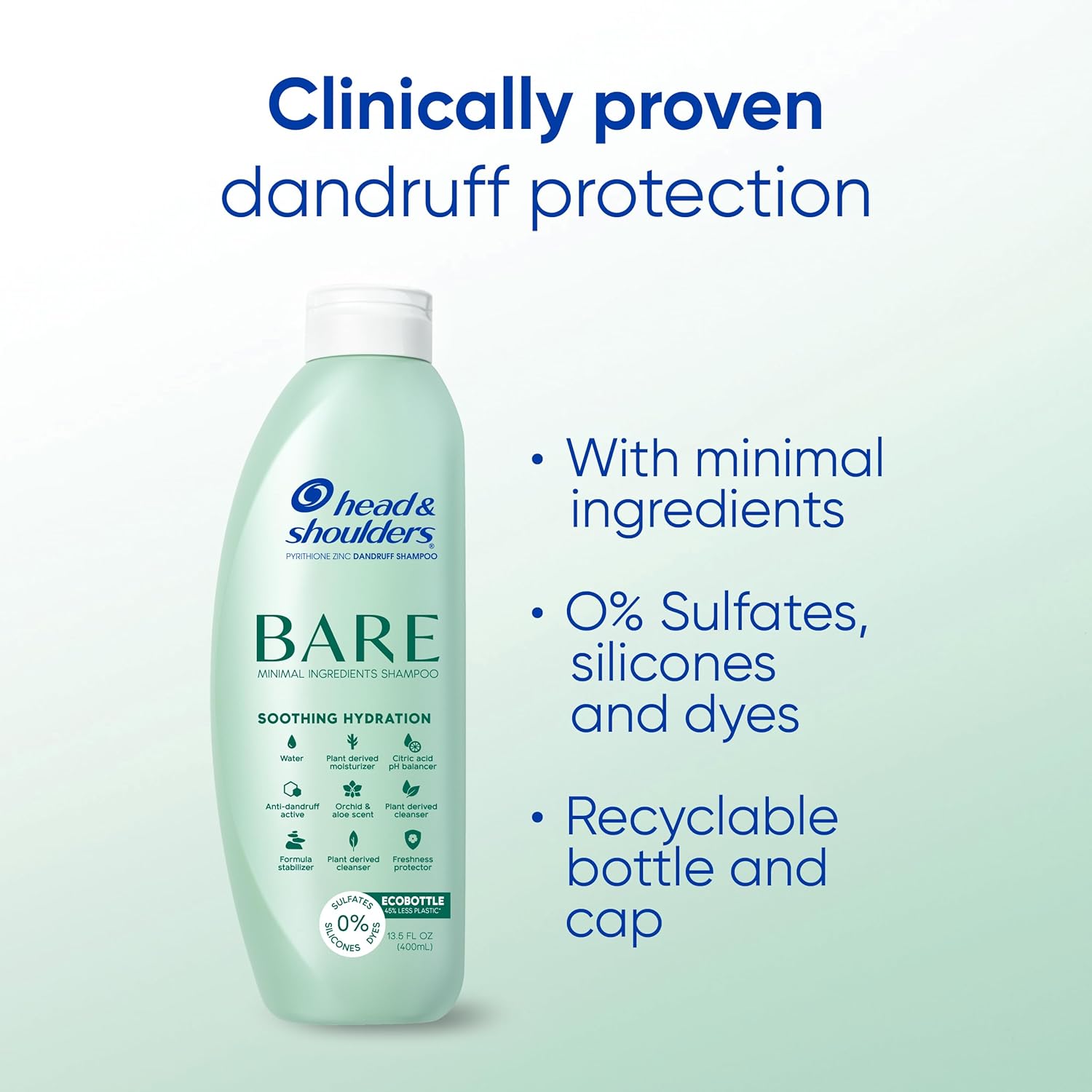 Head & Shoulders Anti-Dandruff Shampoo, BARE Soothing Hydration Twin Pack, 1% Pyrithione Zinc, Dry Scalp Relief, Free of Sulfates, Silicones, Dyes, 13.5 fl oz Each