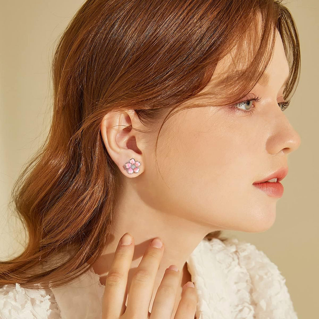 Pink Flower Earrings for Women, 925 Sterling Silver Stud Earrings, Cute Plumeria Earrings For Women, Cherry Blossom Hypoallergenic Stud