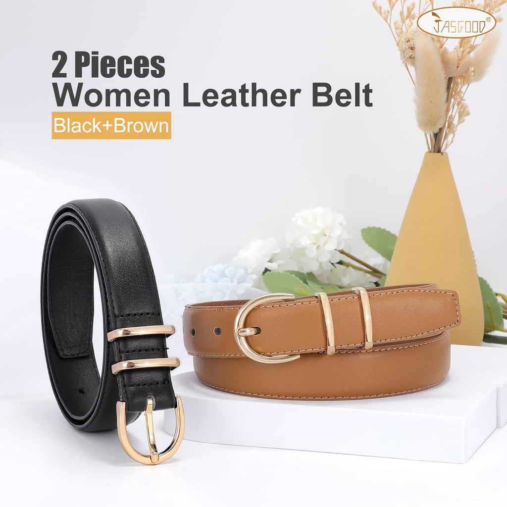 JASGOOD 2 Pack Women Leather Belt for Jeans Leather Waist Belts for Women Gold Buckle