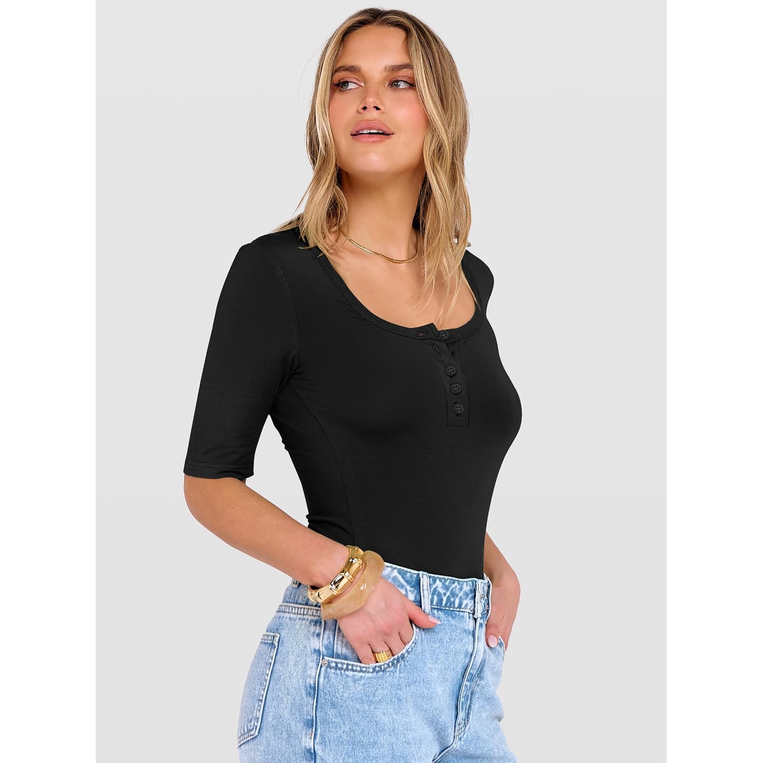 Anrabess Womens Half Sleeve Tops Summer Slim Fitted Henley Shirts 2026 Spring Basic Tees Dressy Casual Blouses Cute T Shirt