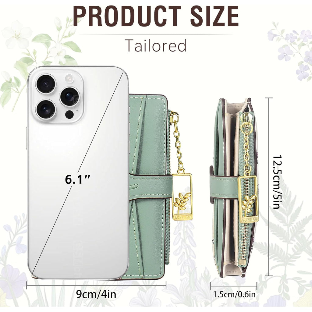 Wallets for Women- RFID Blocking- Soft PU Leather Bifold Coin Zipper Pocket Purse-Small flower wallet Credit Card Holder with ID Window (Green)