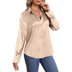 Womens Button Down Shirts Long Sleeve Tops Silk Satin Blouses Business Casual Fashion Outfit