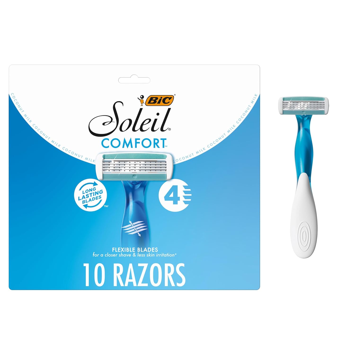 BIC Soleil 4 Women's Disposable 4 Blade Razors, Flexible Blades and Rubber Grip Handle, 10-Pack