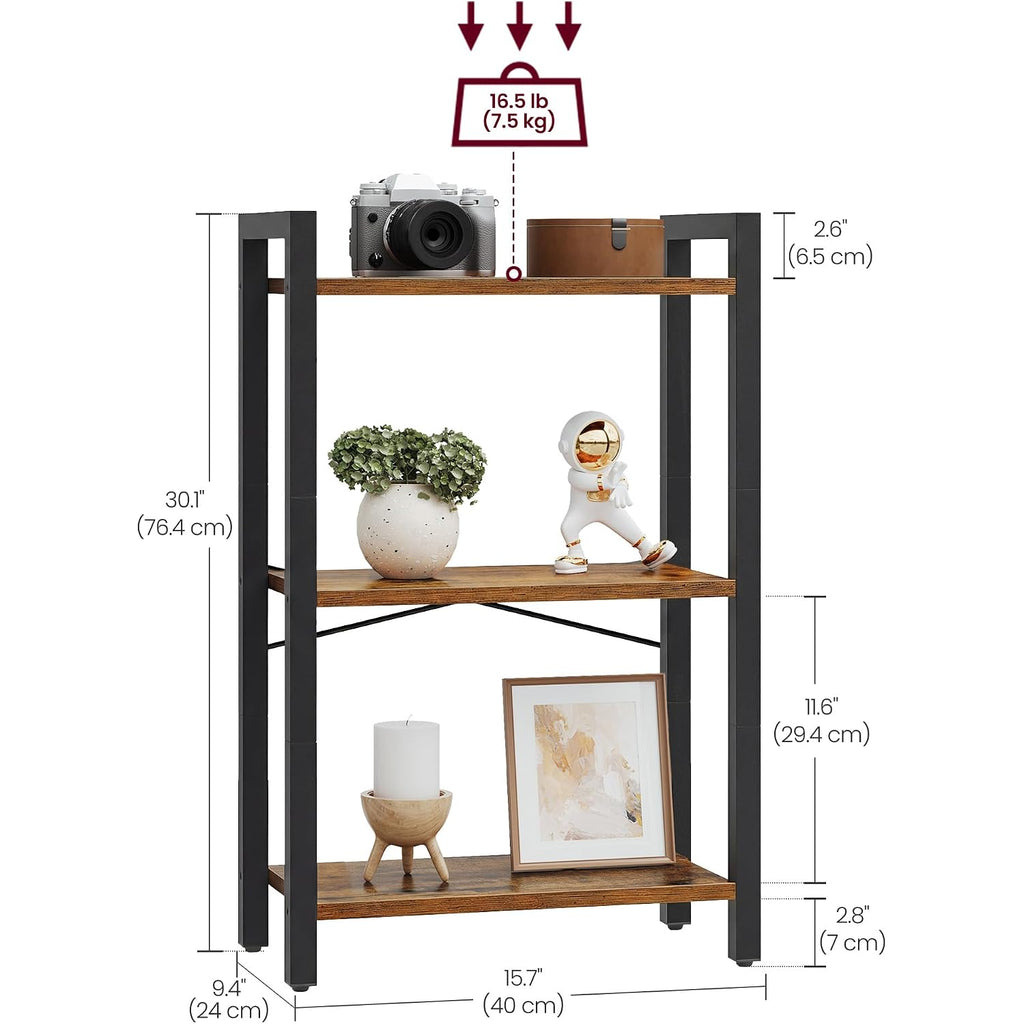 Vasagle 3-Tier Bookshelf, Bookcase With Steel Frame, Book Shelf For Living Room, Home Office, Study, 9.4 X 15.7 X 30.1 Inches, Industrial Style, Rustic Brown And Ink Black Ulls098K02