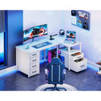 Coleshome L Shaped Computer Desk With 6 Fabric Drawers & Power Outlet, 55 Inch Corner Desk With Reversible Storage Shelf & File Drawer, Home Office Desk, White