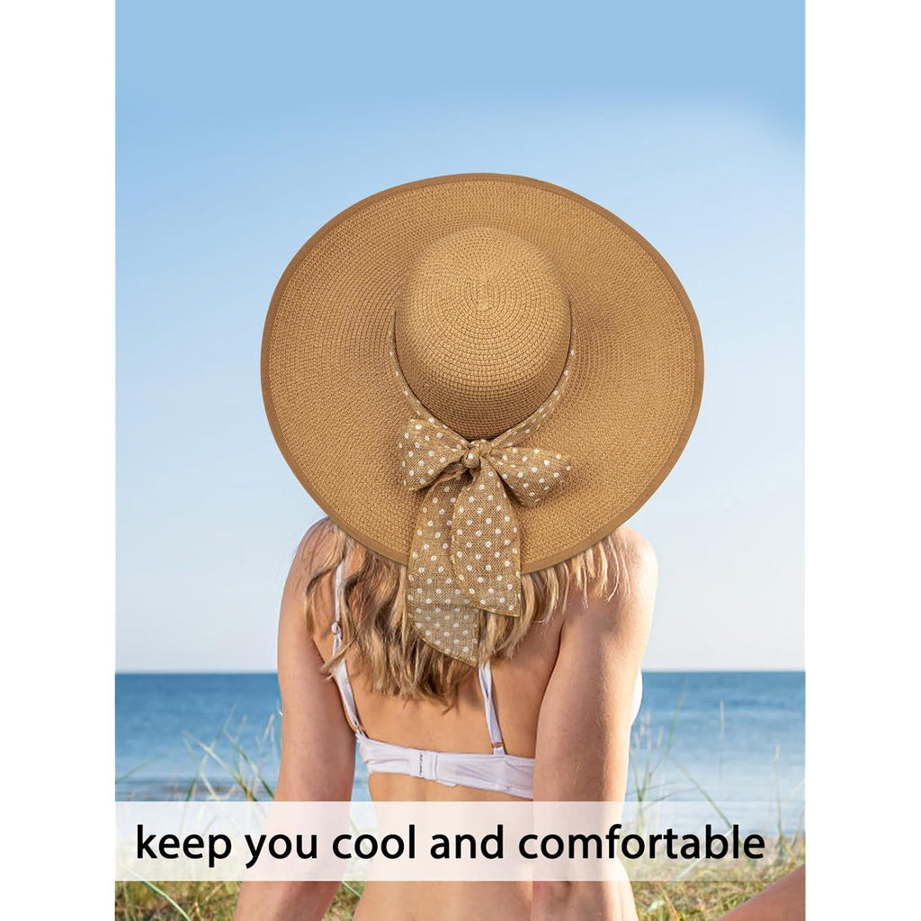 Senker Fashion Sun Hats for Women, Wide Brim Floppy Beach Straw Hat for Summer Travel Vacation Foldable with Sunglasses
