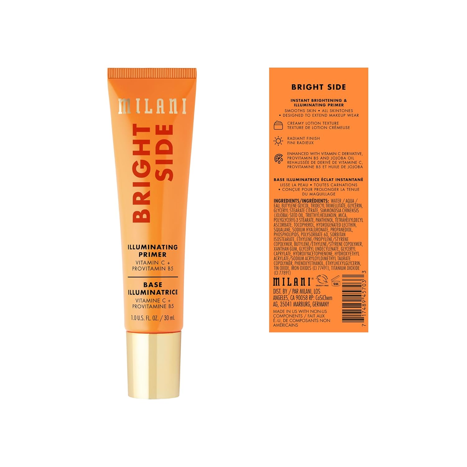 Milani Face Primer for Makeup - Bright Side Brightening & Illuminating Primer with Vitamin C, Squalane & Jojoba Oil, 1.0 Fl. Oz