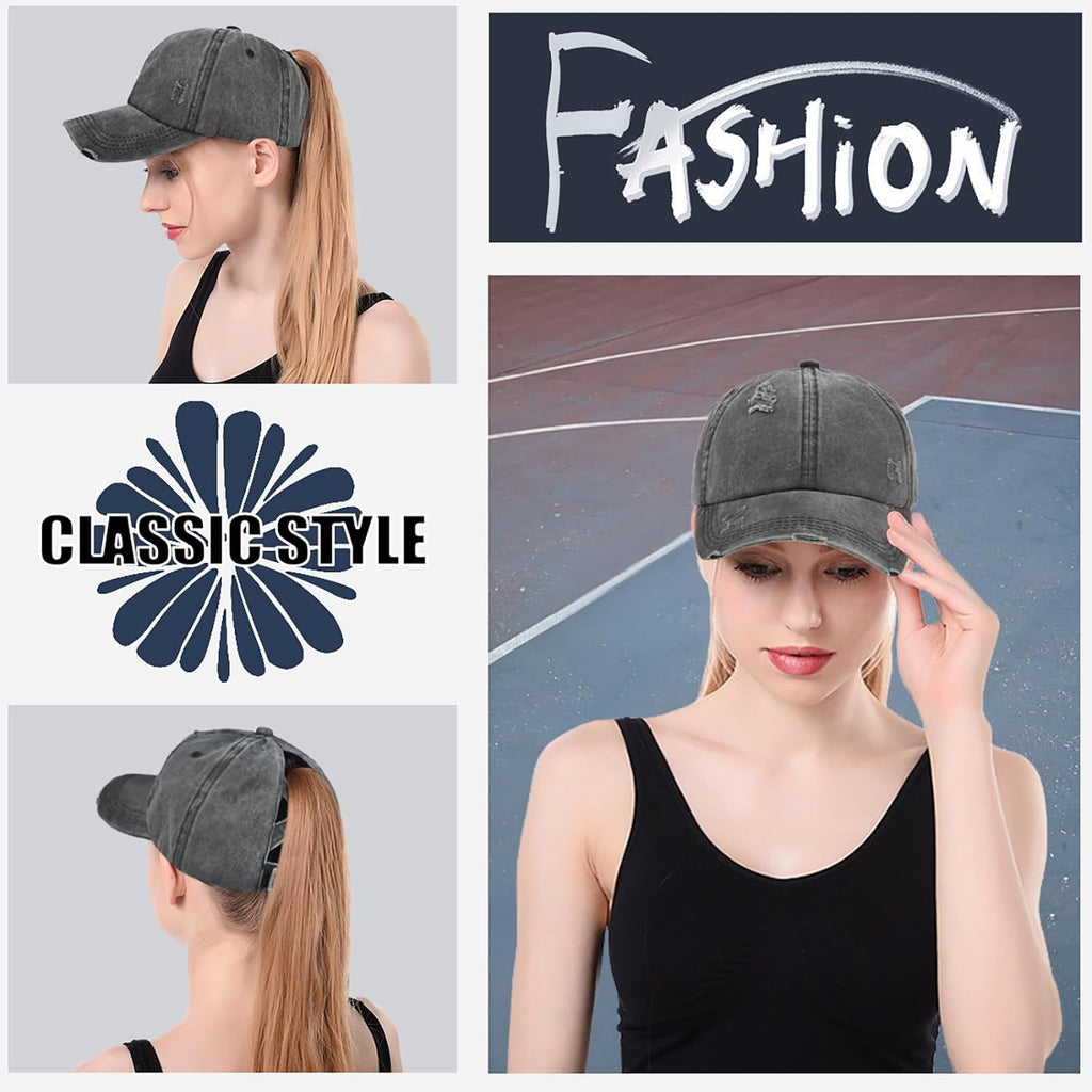 Enwokran Women Ponytail Hat Baseball Cap, Adjustable Criss Cross Messy Buns Ponycaps High Bun Cotton Distressed Hats Black