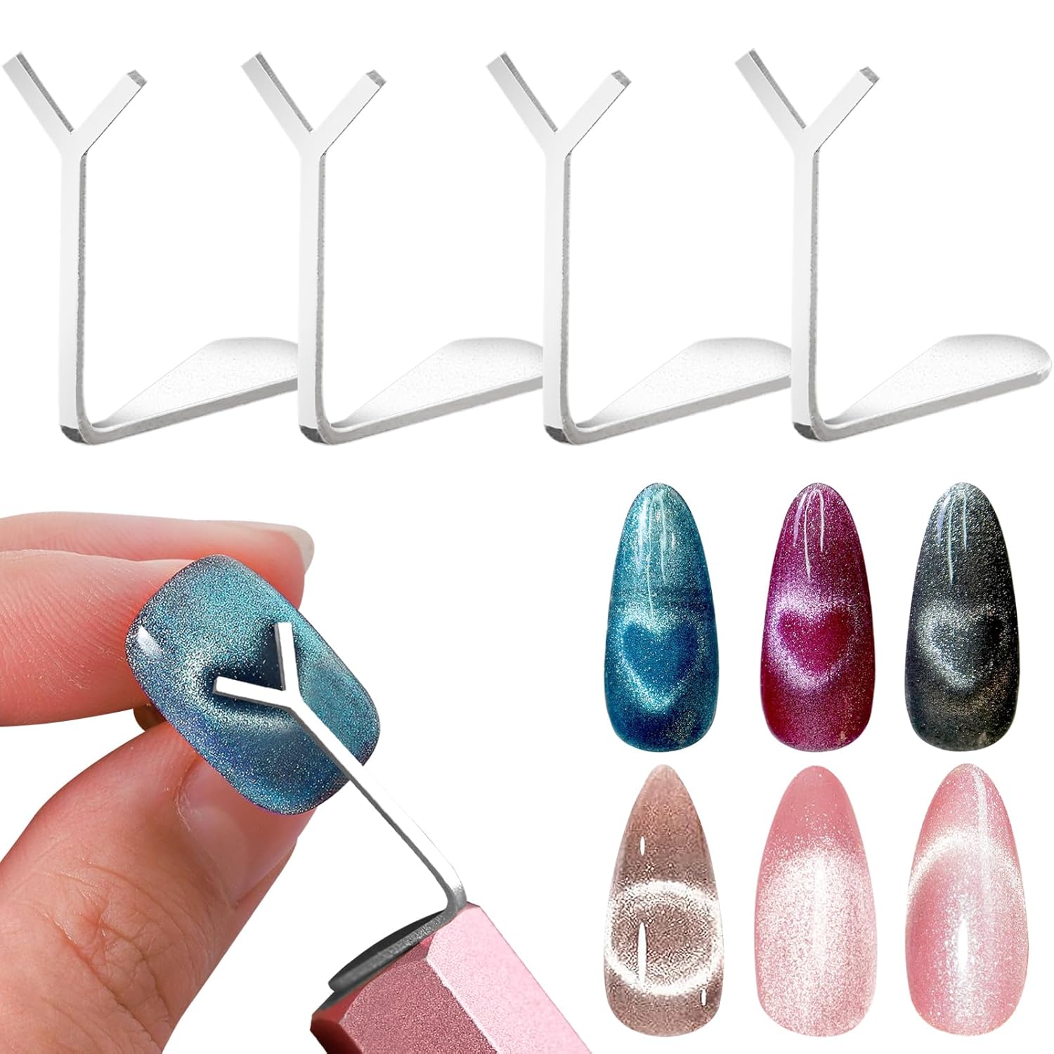 Heart Cat Eye Nail Magnet Tool,4 Pcs Professional Stainless Steel Heart Cat Eye Nail Magnet for Nails for Cat Eye Gel Nail Polish,Suitable for Personal DIY, Nail Studio or Nail Salon