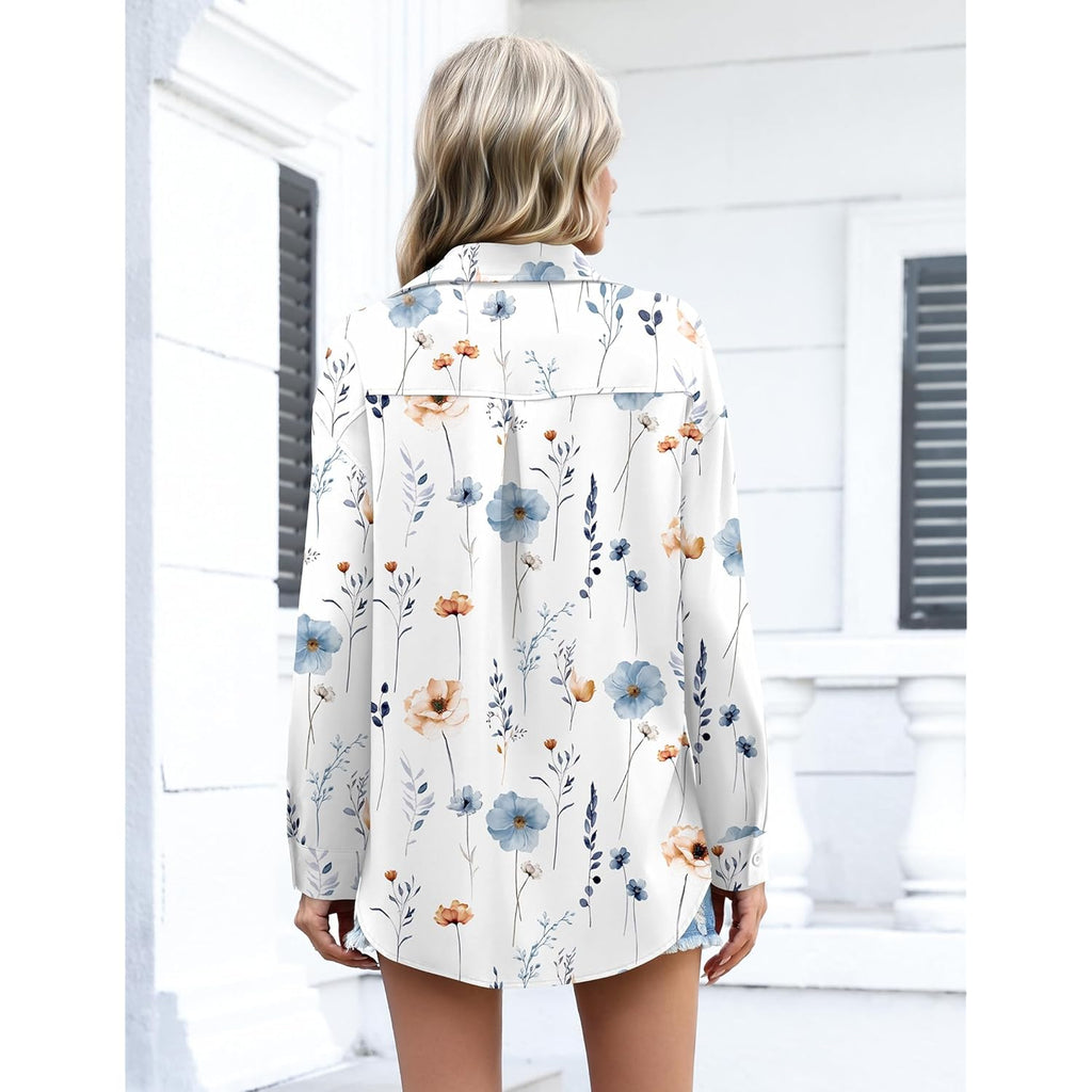 Womens Button Down Shirts Oversized Long Sleeve Floral Printed Blouses Casual Work Tops Drop Shoulder Outfit Clothes