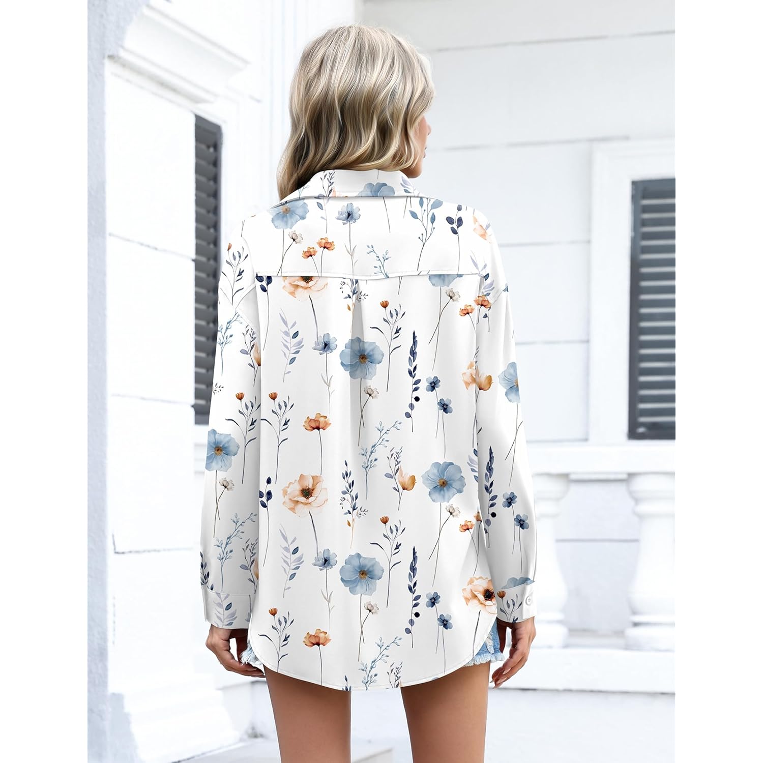 Womens Button Down Shirts Oversized Long Sleeve Floral Printed Blouses Casual Work Tops Drop Shoulder Outfit Clothes