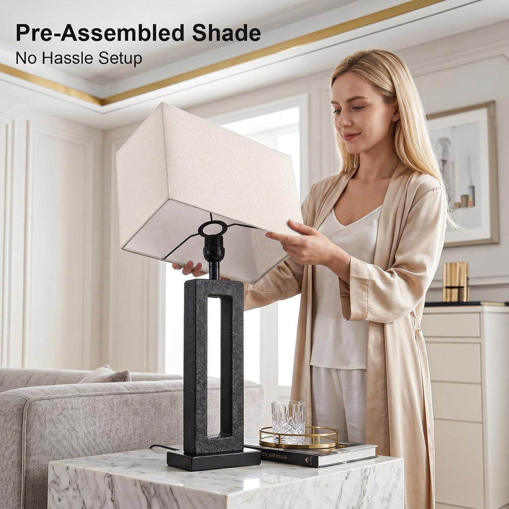 22" Matte Black Textured Ceramic Table Lamps Set Of 2, Modern Bedside Lamps With Linen Shade, 5Ft Cord Inline Rotary Gear Switch E26 Nightstand Lamp For Bedroom Living Room Entryway Decor